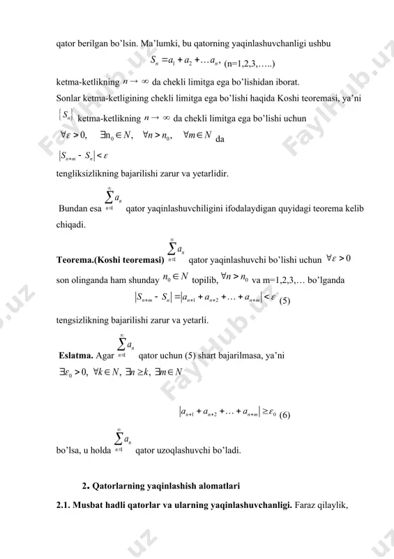 iki, , (m=1,2,3,…), (18) shuningdek, qatorning yaqinlashish ta’rifiga ko’ra (19) bo’ladi. yuqoridagi natural son ni shunday katta qilib olamizki, qatorning dan katta bo’lgan n nomerli ixtiyoriy qismiy yig’indisi da qatorning barcha dastlabki ta hadi qatnashsin. ravshanki, keyingi munosabatdan va (19) tengsizlikni e’tiborga olib topamiz: (20) ma’lumki , bo’lganda qatorda qatorning barcha dastlabki ta hadi qatnashadi. binobarin, ayirma qator har bir hadining nomeri dan katta bo’lgan ta hadining yig’indisidan iborat. endi natural m sonni shunday katta qilib olamizki ,bunda son yuqorida aytilgan barcha ta hadlarning nomerlaridan katta bo’lsin. u holda (21) bo’ladi. (20), (21) va (18) munosabatlardan foydalanib, (17) tengsizlik, ya’ni tengsizlikning bajarilishini topamiz. natija. agar musbat hadli qator yaqinlashsa, u hadlarining o’rnini istalgancha almashtirgandan keyin ham huddi o’sha yig’indiga yaqinlashadi. 4. riman teoremasi haqida. shartli yaqinlashuvchi qator hadlarining o’rnini almashtirish haqidagi yuqoridagi natijani b.riman umumiy holda ham isbot qilgan .chunonchi agar (10) qator shartli yaqinlashsa ,uning hadlari o’rnini o’zgartirish natijasida …