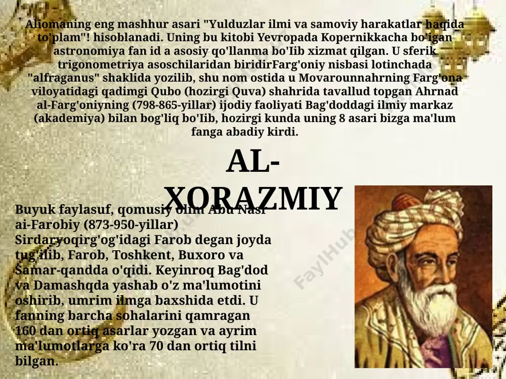 da lotin tiliga tarjima qilingan bo’lib, ko’p vaqt davomida matematika bo’yicha asosiy darsliklar bo’lib xizmat qilgan. al–xorazmiyning taxallusi sal shakli o’zgargan holida «algoritm» so’ziga aylanib, avvaliga o’n xonali o’rinlar belgilangan arifmetikaning butun tizimini anglatgan. keyinchalik bu atama matematikada ma’lum amallarni muayyan tartibda bajarish ketma-ketligi ning qoidasi kabi kengroq ma’noga ega bo’ldi. shunday qilib, «al-jabr» va «al-muqobala» amallari hozirda qo’llanadigan tenglama hadlarining tenglamaning bir qismidan boshqasiga ko’chirilishi va o’xshash hadlarning keltirilishi amallarining o’rnida qo’llangan. ushbu ikkita amal al–xorazmiyga birinchi va ikkinchi darajali har qanday algebraik tenglamani namunaviy shakllardan biriga keltirishga imkon berdi, bunday shakllar al–xorazmiyning ta’limotida oltita. kvadrat tenglamalarni yechishning faqat geometrik usullaridan foydalangan yunonlardan farqli ravishda, al–xorazmiy faqat o’zining og’zaki ritorik yechimining to’g’riligini isbotlash uchungina chizmalardan foydalanadi. bu tangalar al-xorazmiyning tug’ilgan kunini nishonlashganda al-xorazmiyning rasmi tushirilgan tangalar ishlab chiqarildi markaziy osiyo xalqlari uzoq tarixga egadir. bu davrda u qadimgi sug`d, xorazm, farg`ona. usrushana, chag`oniyon kabi o`lkalardan iborat bo`lib, g`arb bilan …