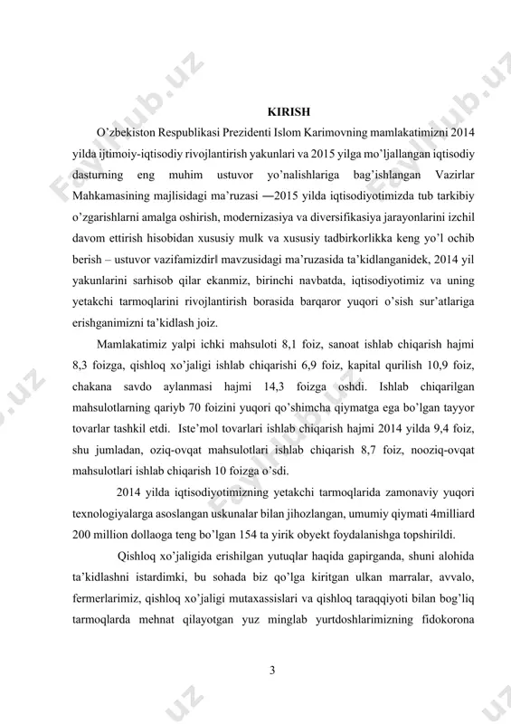 xo’jaliklarida 7,8 ming bosh naslli mollar tayrlanib ouksionlarda sotish tashkil etildi. ta’lim sohasida o’quv muassasalarini qurish, rekonstruksiya qilish va kapital ta’mirlash borasidagi ishlar izchil davom ettirildi. ta’lim muassasalarini o’quv, laboratoriya va ishlab chiqarish uskunalari, kompyuter va multimedia vositalari bilan ta’minlash amalga oshirildi. 2011-2016 yillarda oliy ta’lim muassasalarining moddiy-texnik bazasini modernizasiya qilish dasturi doirasida 19 ta oliy ta’lim muassasasida qurilish, rekonstruksiya qilish, kapital ta’mirlash va jihozlash ishlari bajarildi. 2015 yilda yalpi ichki mahsulot hajmining o’sish sur’ati 108 foiz darajasida bo’lishi ko’zda tutilmoqda. bu borada sanoat mahsulotlari ishlab chiqarish hajmining 8,3 foizga, qishloq xo’jaligi mahsulotlarining 6 foizga ko’payishi belgilanmoqda. barchamiz yaxshi anglab olishimiz zarurki, ishlab chiqarishni diversifikasiya qilmasdan turib, tashqi bozorlarga chiqish va mahsulotlarimizni sotish borasidagi eksport dasturini amalga oshirish, valyuta daromadlari tushumini ta’minlash, yuqori texnologiyalarga asoslangan yangi ishlab chiqarishni va ish o’rinlarini tashkil etish, pirovard natijada o’z oldimizga qo’ygan yuksak maqsadlarimizga erishish haqida so’z yuritish mumkin emas. buning uchun: birinchi navbatda, …