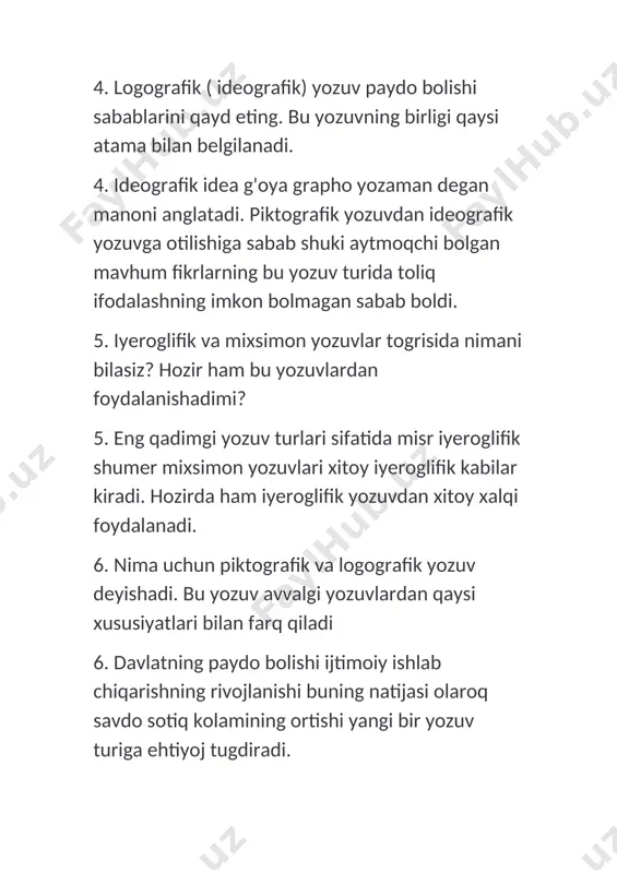 an yozma belgilar yoki tasvirlar tizimi. piktografik yozuv- piktografik lot. pictus rasm surat grapho yozaman degan manoni anglatadi. bu yozuv turining oziga xos tomoni uning ogzaki til bilan bogliq emasligi va uni har qanday til vakili tushuna olishidadir. logografik ( ideografik) yozuv-ideografik idea goya grapho yozaman degan manoni anglatadi. fonografik yozuv-fonografik grekcha phone tovush grapho yozaman degan manoni anglatadi. oromiy yozuv- finikiy yozuvi asosida eramizdan oldingi i ming yilliklarning boshida paydo bolgan. pahlaviy yozuv- oromiy yozuvining korinishlaridan biri sifatida iii asrda sosoniylar sulolasi hukmronligi davrida paydo bolgan. orfografiya- muayyan tildagi togri yozish qoidalari majmui. alfavit- biror tilning yozuviga qabul qilingan va malum an'anaviy tartib berilgan yozuv belgilari yoki bogin belgilari majmui. differensiyatsiya- fran. differentiation lot. differentia farqlanish farq degan manolarni anglatadi 120-guruh saparova pokiza