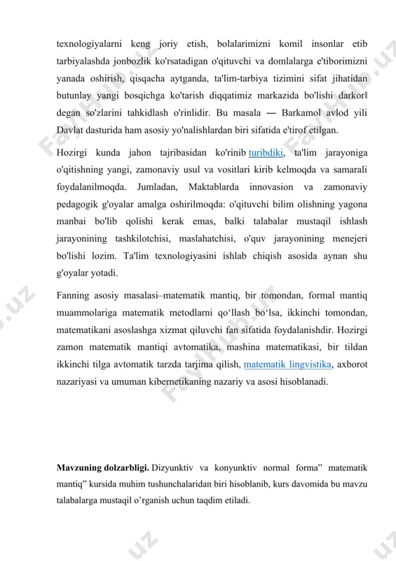 o‘zida ham rost ham yolg‘on bo‘la olmaydi. masalan, “”, “”, “5 son tub son”, “1 son tub son”, “o‘g‘limning yoshi otasining yoshidan katta” mulohazalarining birinchisi – rost, ikkinchisi yolg‘on, uchinchisi – rost, 4 chi va 5 chilari esa yolg‘on mulohazalardir. so‘roq va undov gaplar mulohaza bo‘la olmaydi. ta’riflar ham mulohaza bo‘la olmaydi. masalan, “2 songa bo‘linuvchi son juft son deyiladi” degan ta’rif mulohaza bo‘la olmaydi. ammo “agar butun son 2 ga bo‘linsa, u holda bu son juft son bo‘ladi” degan darak gap mulohaza bo‘ladi. bu mulohaza – rost. mulohazaning qiymati deganda biz uning rost yoki yolg‘onligini tushunamiz. mulohazalar odatda lotin alifbosining bosh harflari (a, b, c, .... x, , ) bilan, ularning qiymatlari (“rost”, “yolg‘on”)ni r va yo harflari bilan belgilaymiz. bu yerda r – rost, yo – yolg‘on. shuningdek, ularni raqamlar bilan ham belgilash kiritilgan bo‘lib, rost mulohaza 1, yolg‘on mulohaza esa 0 bilan belgilanadi. qismlarga ajratilmaydigan mulohazalar elementar …