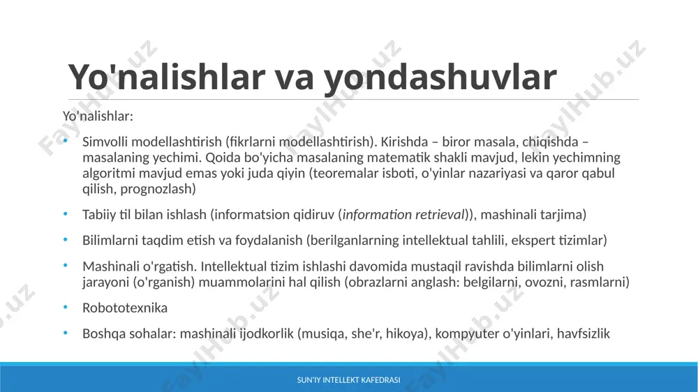 oyish qilishning asosiy holatlaridan biridir. misol uchun, si do'stingizni teglangan fotosuratlar albomidagi rasmda taniy oladi. firibgarlikni aniqlash. foydalanuvchi tomonidan amalga oshirilgan tranzaksiyalarning haqiqiy yoki haqiqiy emasligini aniqlash. vizual tanib olish mashinani o'rganish modelining ob'ektlar, joylar, odamlar, harakatlar va tasvirlarni aniqlash qobiliyati. sun'iy intellekt kafedrasi unsupervised learning sun'iy intellekt kafedrasi o'qituvchisiz o'rgatish (unsupervised learning) – har bir presedent uchun faqat "holat" beriladi, obyektlarni klasterlarga guruhlash talab qilinadi. bu modelni xususiyatlri aniq bo’lmagan berilganlar bilan o’qitish; 1. clustering - unsupervised learning rasmning o'ng tomonida siz mijozlar guruhlangan grafikni ko'rishingiz mumkin. a guruhi mijozlari ko'proq ma'lumotdan foydalanadilar va qo'ng'iroqlar davomiyligi ham yuqori. b guruhi mijozlari internet foydalanuvchilari, c guruhi mijozlari esa qo'ng'iroq foydalanuvchilari. shunday qilib, b guruhiga ko'proq ma'lumot imtiyozlari beriladi, c guruhiga esa arzonroq qo'ng'iroq tariflari rejalari beriladi va a guruhiga ikkalasining foydasi beriladi. sun'iy intellekt kafedrasi 2. association - unsupervised learning aytaylik,birinchi xaridor supermarketga borib, non, sut, meva va bug'doy sotib …