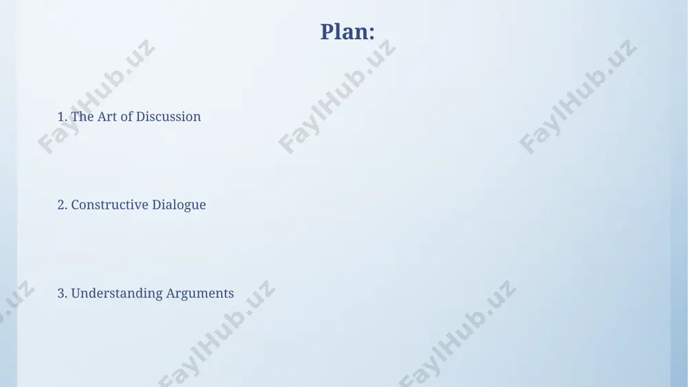 rofessional contexts. respectful dialogue necessitates acknowledging opposing viewpoints, even if disagreeing; refuting arguments with civility and avoiding ad hominem attacks is crucial for maintaining a productive discussion of at least 2 participants. active listening and responding responding effectively involves summarizing key points, reflecting emotions ("it sounds like you're frustrated"), and offering constructive feedback, demonstrating empathy and a commitment to productive discussion. employing verbal and nonverbal cues – like nodding, paraphrasing ("so, if i understand correctly…"), and asking clarifying questions – improves comprehension by up to 40%, signaling active engagement to the speaker. identifying logical fallacies recognizing 3 types of fallacies—formal (structural errors), informal (errors in reasoning), and fallacies of ambiguity (misleading language)—helps dissect flawed arguments effectively. understanding the difference between a hasty generalization (jumping to conclusions from insufficient data: e.g., 2 examples ≠ universal truth) and a post hoc fallacy (assuming correlation implies causation) enhances argument analysis. managing conflict and …