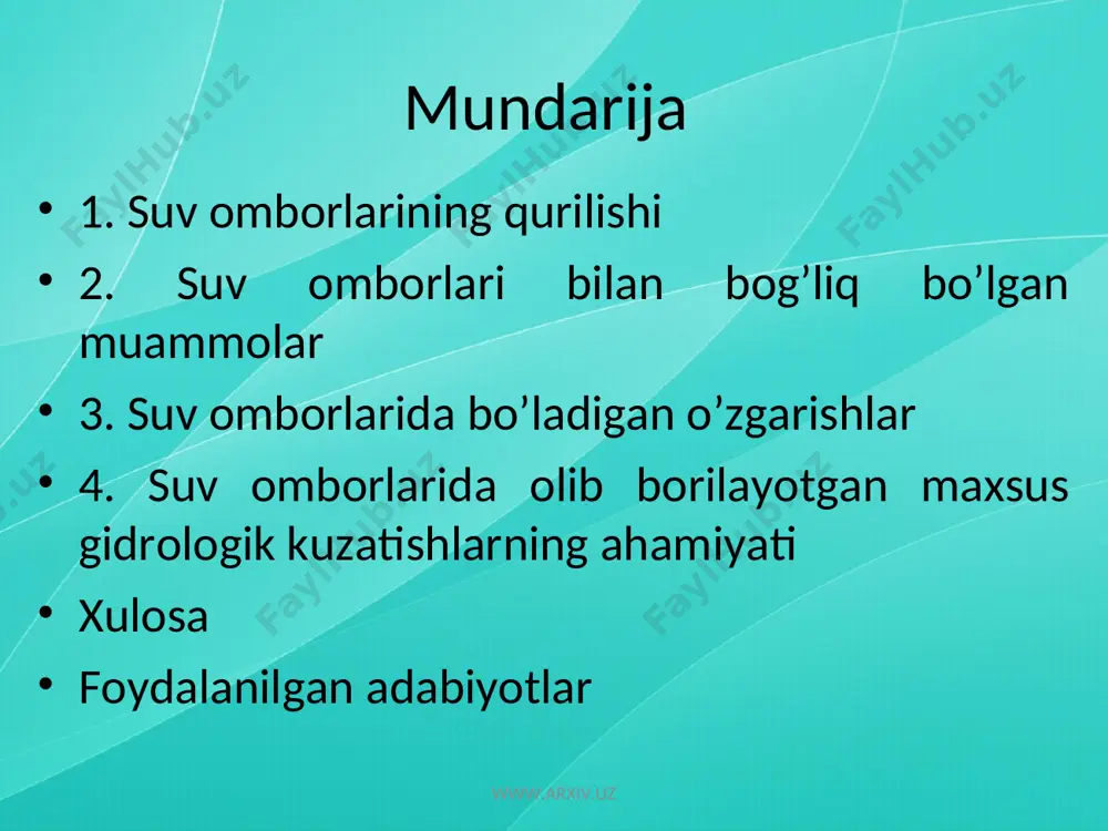 udlarda ham keskin o'zgarishlar bo'ladi. bu o'zgarishlar majmuiga quyidagilar kiradi: www.arxiv.uz www.arxiv.uz www.arxiv.uz лойиҳада кўрсатиган сув омбори дарё сув сиғими, майдони, cиртача млн.м3 км2 чуқурлиги, м тухтағул норин 19500 284,0 68,7 рогун вахш 12400 160,0 77,5 норак вахш 10500 98,0 107,0 туямуйин амударё 7300 790,0 9,2 чордара сирдарё 5700 900,0 7.9 қайроққум сирдарё 4200 513,0 8,2 чорбоғ чирчиқ 2000 40,3 50,0 андижон қорадарё 1750 60,0 29,1 толимаржон амударё 2530 77,4 19,8 тcидакул зарафшон 875 225,0 3,8 каттақурғон зарафшон 845 83,6 10,1 жанубий сурхон сурхондарё 800 65,0 12,3 www.arxiv.uz -ko'plab er maydonlari suv ostida qoladi; -er osti suvlari rejimi o'zgaradi; -suv omborining ta'siri seziladigan erlardagi tuproqning suv bilan bog'liq xususiyatlari o'zgaradi; -meteorologik elementlar-havo harorati, havo namligi, shamol rejimi o'zgaradi. ayrim yirik suv omborlari ta'sirida atrof hududda hatto bulutlik va yog'in miqdori ham o'zgaradi; -yuqoridagi o'zgarishlarga bog'liq holda va ularning natijasi sifatida suv ombori hamda uning atrofida o'simlik qoplami, hayvonot olami ham …