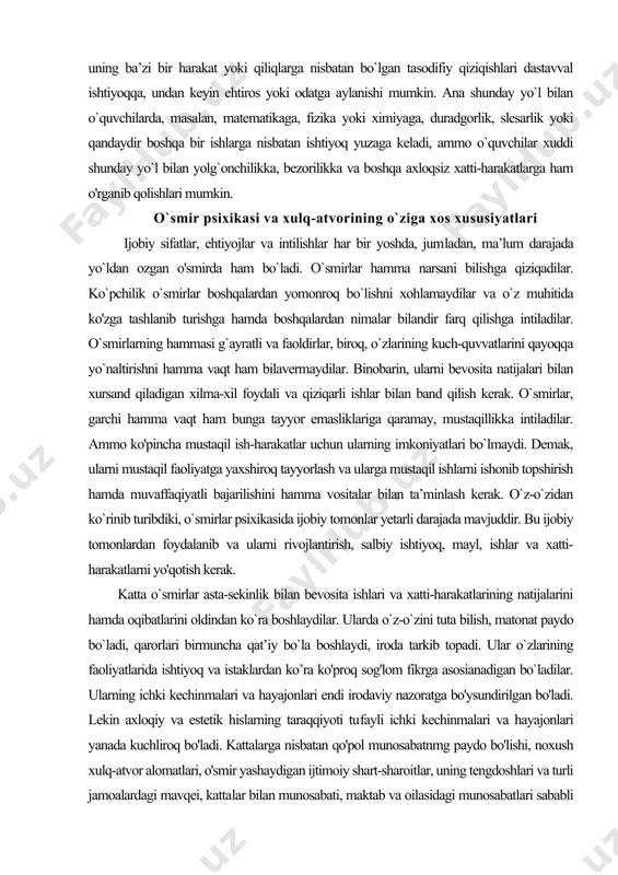 g`ayratli va faoldirlar, biroq, o`zlarining kuch-quvvatlarini qayoqqa yo`naltirishni hamma vaqt ham bilavermaydilar. binobarin, ularni bevosita natijalari bilan xursand qiladigan xilma-xil foydali va qiziqarli ishlar bilan band qilish kerak. o`smirlar, garchi hamma vaqt ham bunga tayyor emasliklariga qaramay, mustaqillikka intiladilar. ammo ko'pincha mustaqil ish-harakatlar uchun ularning imkoniyatlari bo`lmaydi. demak, ularni mustaqil faoliyatga yaxshiroq tayyorlash va ularga mustaqil ishlarni ishonib topshirish hamda muvaffaqiyatli bajarilishini hamma vositalar bilan ta’minlash kerak. o`z-o`zidan ko`rinib turibdiki, o`smirlar psixikasida ijobiy tomonlar yetarli darajada mavjuddir. bu ijobiy tomonlardan foydalanib va ularni rivojlantirish, salbiy ishtiyoq, mayl, ishlar va xatti-harakatlarni yo'qotish kerak. katta o`smirlar asta-sekinlik bilan bevosita ishlari va xatti-harakatlarining natijalarini hamda oqibatlarini oldindan ko`ra boshlaydilar. ularda o`z-o`zini tuta bilish, matonat paydo bo`ladi, qarorlari birmuncha qat’iy bo`la boshlaydi, iroda tarkib topadi. ular o`zlarining faoliyatlarida ishtiyoq va istaklardan ko’ra ko'proq sog'lom fikrga asosianadigan bo`ladilar. ularning ichki kechinmalari va hayajonlari endi irodaviy nazoratga bo'ysundirilgan bo'ladi. lekin axloqiy va estetik hislarning taraqqiyoti tu​fayli …