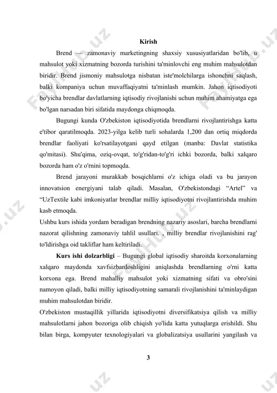 izmat qilmoqda. shu bilan birga, turizm, oziq-ovqat va to'qimachilik kabi sohalarda yangi brendlarni rivojlantirish istiqbollari ham kengaymoqda. ush kurs ish milliy iqtisodiyoti, birinchidan, uni rivojlantirishda brendlarning strategik ahamiyati bilan bog'liq. ikkinchidan, milliy mahsulotlarni eksport qilish hajmini oladi va jahon lari bilan harakatni ishlab chiqish bilan izohlanadi. shu sababli, ushbu mavzuni o'rganish ilmiy-amaliy yordam ishlab chiqarish. kurs ishi ahamyati - brendlarni aniqlash, kuzatish va nazorat qilish masalalarini o'rganish nazoratida muhim ahamiyatga ega: milliy iqtisodiyotning rivojlanishiga hissa qo'shish: brendni kuzatuv va boshqarish mexanizmlari to'g'ridan-to'g'ri bilimlar darajasiga ko'ra harakatbardosh ishlab chiqarishga ko'mak beradi. bu esa va bozorlarda iqtisodiy faollikni saqlashga xizmat qiladi. mahalliy brendlarni milliy bozorga olib chiqish: kurs ishidagi nazariy va amaliy tavsiyalar mahsulotning sifatini va nufuzini hisobga olishga ko'maklashadi. bu, o'z foydalanish, eksport hajmini ko'paytirib, mamlakatga valyuta valyutani ta'minlash. innovatsion mahsulotlarni marketing qilish: raqamli va zamonaviy texnologiyalarni brendni rivojlantirish jarayoniga tatbiq etish to'g'risida ma'lumot olish uchun innovatsion strategiyalarni yaratish. ijtimoiy madaniyat …
