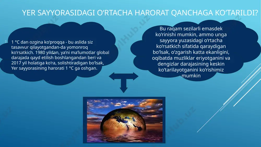 inental issiq, quruq iqlimi, tuproq yuzasidan namlik bug'lanishining yuqoriligi, o'ziga xos gidrogeologik va geomorfologik sharoitlari bir qator hududlarda sho'rlanish jarayoni uchun qulay sharoit tug'diradi. masalan, tekslik va qisman tog'oldi mintaqalarda sho'r sizot suvlari yer sathiga yaqin joylashgan, yer yuzasidan namlikning bug'lanishi esa yillik yog'in- sochinlarga nisbatan nisbatan o'rtacha 3-8 marta yuqori. иқлим ўзгаришининг қишлоқ хўжалиги экинларининг ҳосилдорлигига таъсири. қишлоқ хўжалиги экинларининг ҳосилдорлиги кўп жиҳатдан об-ҳаво (иқлим) шароитларига боғлиқ. мисол сифатида 2000- 2001 йиллардаги қурғоқчиликдан мамлакатнинг энг заиф минтақаларида (хоразм ва қорақалпоғистон) буғдой йўқотилиши 14-17% ни, вегетация даври кўп давом этадиган экинлар ҳосилдорлигининг йўқотишлари 45% дан 75% гача ташкил қилди. минтақавий шарҳларга кўра41, зарар 130 млн ақш долларга ёки қишлоқ хўжалиги яим нинг 2,4% габаҳоланди. ҳаво ҳароратининг прогнозланаётган ошиши ва эвапотранспирациянинг ортиши қишлоқ хўжалиги экинларининг сувга бўлган талабини ошишига сабаб бўлади, бу мавжуд сув ресурсларининг қисқаришида суғорма деҳқончиликнинг ҳосилдорлигини ва рентабиллигини сақлаб қолишда қўшимча чекловларни пайдо қилади. пахта. пахтачиликнинг асосий ҳудудларидаги …