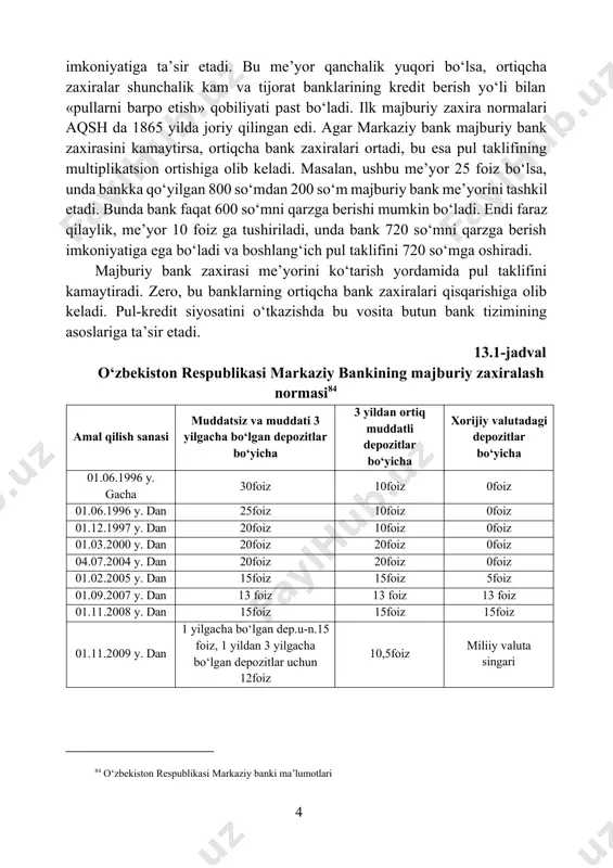 tidir. majburiy zaxiralar – bu, kredit maqsadlari uchun ishlatilmaydigan bank omonatlarining bir qismidir. zaxira normasi ikki asosiy funksiyani bajaradi: bank likvidligini joriy tartibga solish uchun sharoit yaratadi va kredit emissiyasini cheklaydi. markaziy bank tijorat banklari markaziy bankda ushlab turishga majbur bo‘lgan zaxiralarning eng quyi normasini o‘rnatadi va shu vosita yordamida ular kreditlash qobiliyatiga, imkoniyatiga ta’sir etadi. bu me’yor qanchalik yuqori bo‘lsa, ortiqcha zaxiralar shunchalik kam va tijorat banklarining kredit berish yo‘li bilan «pullarni barpo etish» qobiliyati past bo‘ladi. ilk majburiy zaxira normalari aqsh da 1865 yilda joriy qilingan edi. agar markaziy bank majburiy bank zaxirasini kamaytirsa, ortiqcha bank zaxiralari ortadi, bu esa pul taklifining multiplikatsion ortishiga olib keladi. masalan, ushbu me’yor 25 foiz bo‘lsa, unda bankka qo‘yilgan 800 so‘mdan 200 so‘m majburiy bank me’yorini tashkil etadi. bunda bank faqat 600 so‘mni qarzga berishi mumkin bo‘ladi. endi faraz qilaylik, me’yor 10 foiz ga tushiriladi, unda bank 720 so‘mni qarzga berish imkoniyatiga …