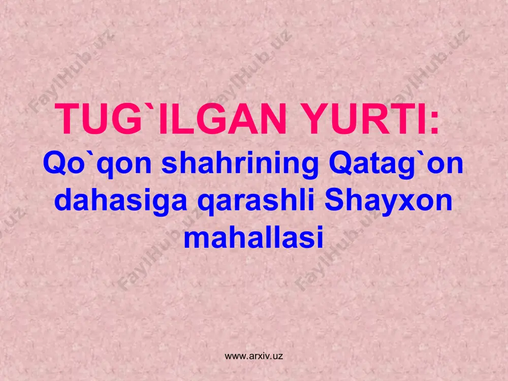 don xotirasi” www.arxiv.uz www.arxiv.uz www.arxiv.uz www.arxiv.uz bizga notanish so`zlar: ravza — mozor, ziyoratgoh. hardbon — narvon, zina. nahr— ariq. so`y — suv mohi rajab — rajab oyi. rizyon — bog` bolo — balandlik. tang-tang — tor-tor. kabik — kaklik. savt — ohang, kuy, maqom. xushilhon - chiroyli kuylovchi. rafiq — o`rtoq. www.arxiv.uz www.arxiv.uz
