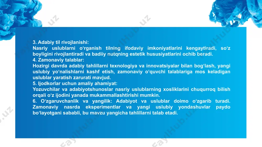 yujet chizigʻi murakkabroq boʻlib, asosiy voqea atrofida qoʻshimcha voqealar ham rivojlanishi mumkin. 4. muallifning nutqi va qahramonlarning nutqi: muallifning hikoya qilish uslubi va qahramonlarning nutqi orqali asarning umumiy uslubi shakllanadi. 5. dialoglarning qoʻllanilishi: qahramonlar oʻrtasidagi muloqotlar orqali ularning xarakteri, munosabatlari va voqealar rivoji yoritiladi. 6. tasviriy vositalarning qoʻllanilishi: metafora, epitet, taqqoslash kabi badiiy tasvir vositalari asarning estetik qiymatini oshiradi. 7. muallifning sub'ektiv munosabati: muallifning voqealarga boʻlgan munosabati, hissiyotlari va fikrlari asarda aks etishi mumkin. ushbu uslubiy xususiyatlar qissani hikoya va romandan ajratib turadi hamda oʻquvchiga qahramonlar hayotini chuqurroq anglash imkonini beradi. roman – badiiy adabiyotning yirik epik janri bo'lib, unda qahramonlarning hayoti, ichki dunyosi va jamiyatdagi o'rni keng qamrovli tasvirlanadi. romanlarning uslubiy xususiyatlari quyidagilardan iborat: 1. keng qamrovli syujet: romanlarda voqealar zanjiri murakkab va ko'p qirrali bo'lib, asosiy va qo'shimcha syujet chiziqlari bir-biri bilan chambarchas bog'langan holda rivojlanadi. 2. qahramonlar xilma-xilligi: romanlarda ko'plab qahramonlar ishtirok etadi, ularning har biri o'ziga …
