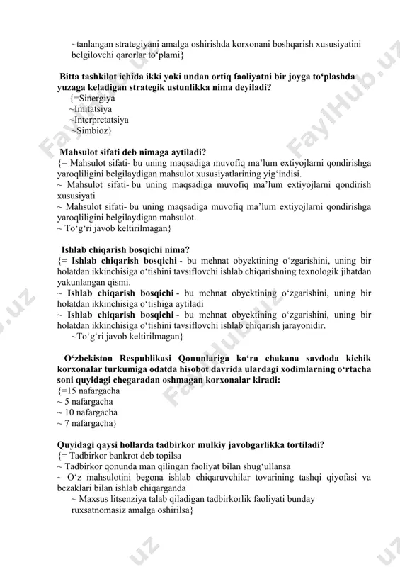 rning о‘rtacha soni quyidagi chegaradan oshmagan korxonalar kiradi: {=15 nafargacha ~ 5 nafargacha ~ 10 nafargacha ~ 7 nafargacha} quyidagi qaysi hollarda tadbirkor mulkiy javobgarlikka tortiladi? {= tadbirkor bankrot deb topilsa ~ tadbirkor qonunda man qilingan faoliyat bilan shug‘ullansa ~ о‘z mahsulotini begona ishlab chiqaruvchilar tovarining tashqi qiyofasi va bezaklari bilan ishlab chiqarganda ~ maxsus litsenziya talab qiladigan tadbirkorlik faoliyati bunday ruxsatnomasiz amalga oshirilsa} quyidagi qaysi hollarda tadbirkor faoliyati sud orqali tо‘xtatiladi? {= amaldagi qonunchilik buzilganda ~ bir necha marotaba ogohlantirishga va boshqa turdagi jazo turlari qо‘llanilishiga qaramay qо‘pol ravishda buzilsa ~ xususiy mulk egasi yoki boshqa subyektlarning huquqi paymol qilinganda ~ soliq va kredit majburiyatlari bajarilmaganda} jismoniy shaxs – bu: {= mamlakatning huquqli bо‘lish qobiliyatiga ega bо‘lgan fuqarosidir ~ о‘z mulkiga ega bо‘lib, majburiyatlari uchun shu mulki bilan javob beradigan, belgilangan tartibda davlat rо‘yhatidan о‘tgan va mulkini mustaqil boshqarib borayotgan tashkilot ~ mustaqil muassasa ~ mustaqil korxona} yuridik shaxs …