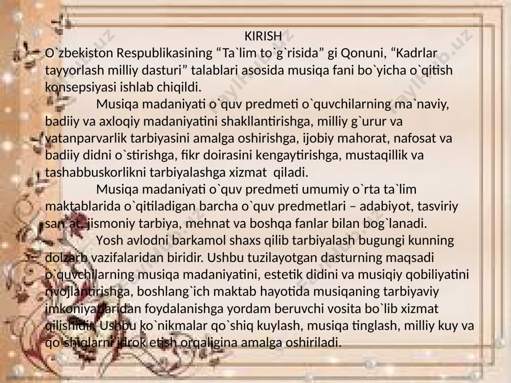 o'n ikki maqom to'g'risida ma’lurnotlar keltirilgan. yillar davomida o'n ikki maqom namu-nalari to'g'risida musiqashunos olimlar ko'p ladqiqotlar o'tkazib kelganlar. hozirgi kunda o'zbek musiqa merosida asosiy o'rinni egallagan shashmaqomning dastlabki namunalari nota yozuvlari bo'lmaganligi uchun bizning davrimizgacha yetib kelmagan va albatta shashmaqom asosida o'n ikki maqom borligidan ularning bizgacha yetib kelgan nomlari dalolat beradi. o'n ikki maqomlarning quyidagi nomlari tarixiy manbalarda zikr etib kelingan: «ushshoq», «navo», «bo'saliq», «rost», «husayniy», «hijoziy», «rohaviy», «zangula», «lroq», «isfaxon-, “zirafkand” «buzruk». maqom san'ati o'zbek musiqa merosining eng sermahsul, falsafiy-estetik hamda nazariy-amaliy qismlarga ega bo’lgan qatlamidir. shashmaqom qismlari maqom san'atining asosiy qismini shashmaqom tashkil qiladi. shashmaqom (olti maqom) buxoro shahrida maqomdon sozanda va xonandalar ijodida shakllangan. shashmaqom saroy sharoitida ijro etilgan, rivojlangan bo'lib, o'z ichiga quyidagi qismlarni oladi: buzruk (katta, ulug’). rost (to'g'ri, haqqoniy). navo (ohang, kuy). dugoh (ikki parda). segoh (uch parda). iroq (mamlakat nomi). maqomlarning har biri yirik shakldagi turkum asar bo'lib, 20 dan 45 …