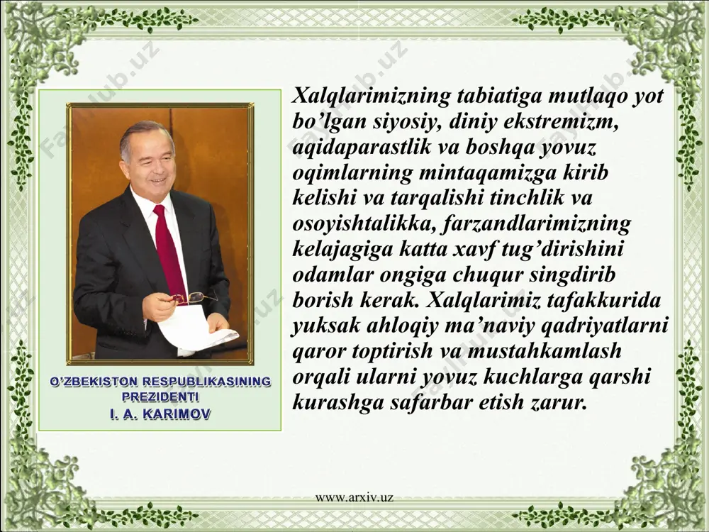 aytda markaziy osiyoda tohiriy, somoniy, g’aznaviy va qoraxoniy hokimlari «axli sunna val-jamoa» aqidasini qat’iyat bilan himoya qildilar. www.arxiv.uz www.arxiv.uz xususan, o’z davrining ramzi bo’lgan amir temur e’tiqod va ma’daniyatning katta ahamiyatini to’g’ri idrok etgan. sharafid-din ali yazdiy sohibqironni haqli ravishda e’tiqodi komil inson sifatida ta’riflaydi. eng muhimi, amir temur «axli sunna val-jamoa» e’tiqodiga sodiq, diniy aqidaparastlikka qarshi qat’iy bo’lgan, islom dinini mutaassiblikdan holi, erkin tushungan. uning komil e’tiqodi boshqa dinlarni rad etish hisobiga bo’lmagan va shu jihatdan xam, u nafaqat o’z asri, balki hozirgi zamon kishisi uchun xam namunadir. www.arxiv.uz www.arxiv.uz www.arxiv.uz www.arxiv.uz mustaqillik tufayli o’zligimizni anglash, ma’naviy qadriyatlarimizni tiklash jarayoni kechayotgan hozirgi paytda umuman dinga va ayniqsa, ota-bobolarimiz dini bo’lib kelgan islomga munosabat tubdan o’zgardi. bu sohadagi yutuqlami sanab o’tirishga hojat yo’q. ulami ko’rmaslik mumkin emas, ko’rolmaslik mumkindir, balki. ammo masalaning boshqa tomoniga e’tiborni jalb qilish muhim. siyosiy mustaqillikka erishgan barcha yosh davlatlarda yuz bergani kabi bizning mamlakatda ham …