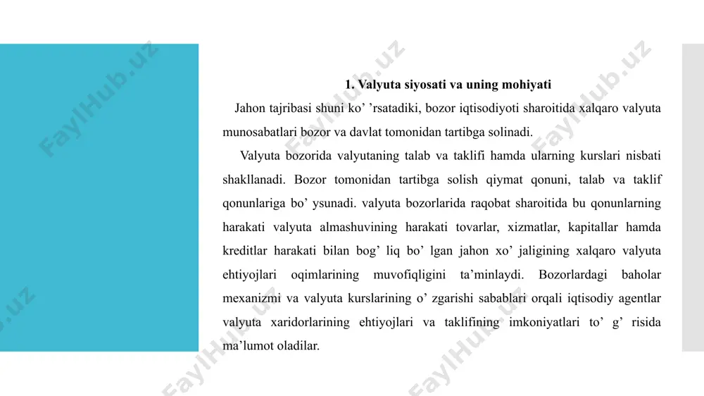 hisoblanadi. markaziy bankning milliy valyuta kursiga ta’sir etish maqsadida valyuta bozorida chet el valyutalarini sotib olish yoki aksincha, sotish valyuta intervensiyasi deyiladi. hozirgi davrda valyuta intervensiyasidan ko’ zlangan asosiy maqsad valyuta kursining qisqa vaqt oralig’ ida kutilmaganda yuzaga keladigan keskin tebranishlariga barham berish hisoblanadi. deviz siyosatining instrumentlaridan yana biri devalvatsiyadir. devalvatsiya – (lotincha so’ zdan olingan bo’ lib, «qadrining tushishi» degan ma’noni anglatadi) milliy valyutaning chet el valyutalariga yoki xalqaro hisob-kitob pul birliklariga nisbatan qadri tushishidir. inflyatsiyaning kuchayishi va mamlakat to’ lov balansining salbiy qoldiqqa ega bo’ lishi devalvatsiyaning kelib chiqishiga sabab hisoblanadi. uning yuzaga kelishida quyidagi 2 xil sabab qayd qilinadi: eksportni rag’ batlantirish; milliy valyutaning rasmiy kursi bilan uning real xarid quv-vati o’ rtasida sezilarli tafovutning paydo bo’ lishi. revalvatsiya – (lotincha so’ zdan olingan bo’ lib, «qadrini oshirish» ma’nosini anglatadi) milliy valyutaning chet el valyutalariga erkin, xalqaro hisob-kitob pul birliklariga nisbatan qadrining oshishidir. uning kelib chiqishiga sabab …