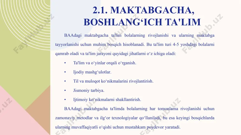 igan sifatli ta'limni taqdim etadi, xususiy ta'lim esa yuqori xalqaro standartlarga javob beradigan ko‘plab imkoniyatlar yaratadi. ikki tilli ta'lim, ingliz va arab tillarida olib boriladi, o‘quvchilarga global va mahalliy ish bozorlarida muvaffaqiyatli bo‘lish imkonini beradi. baada ta'lim sifatini oshirish uchun doimiy ravishda yangilanishlar va innovatsiyalar amalga oshirilmoqda. e'tiboringiz uchun rahmat! image13.png image1.png image2.svg image3.png image4.svg image14.png image5.png image6.svg image15.png image7.png image8.svg image9.png image10.svg image11.png image12.svg .msftofcthm_accent1_fill_v2 { fill:#f5cdce; } .msftofcthm_accent3_fill_v2 { fill:#aac3e8; } .msftofcthm_background1_stroke_v2 { stroke:#fdfaf6; } .msftofcthm_accent4_fill_v2 { fill:#d2d592; } .msftofcthm_accent3_stroke_v2 { stroke:#aac3e8; } /docprops/thumbnail.jpeg