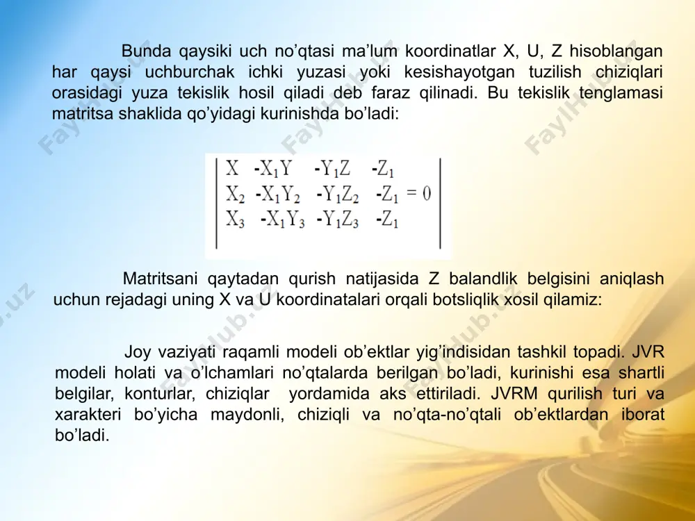 y imkoniyatlarga ega? 3. kompleks dasturi kichik tizimlar bir-biriga qanday o’zaro bog’lanadi? 4. joy raqamli modeli deganda nimani tushunasiz? 5. joy raqamli modelining qanday turlarini bilasiz? 6. joy raqamli modelini tuzishda ishlar ketma ketligi qanday? 7.credo-ter tizimi qanday vazifani bajaradi? 8. joyning raqamli modelini tuzish uchun ma’lumotlar manbaini qanday tuplaymiz? 9. loyihaning raqamli modelini tuzish credo-mix tizimida qanday amalga oshiriladi? e’tiboringiz uchun raxmat ! image1.png image2.png image3.png image4.png image5.png image6.png /docprops/thumbnail.jpeg