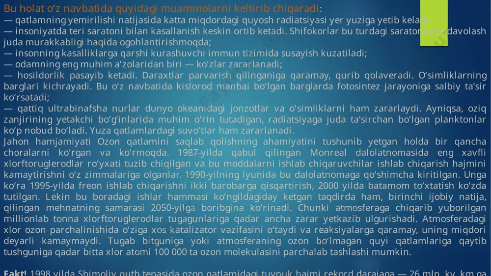 va biz hozirgidan ham g‘ayritabiiy iqlim o‘zgarishlariga guvoh bo‘lib boraveramiz. global suv muommosi suv tanqisligi — aholi va chorva mollarining toza ichimlik suvga boʻlgan ehtiyojlarini qondirolmaslik natijasi. ichimlik suvi hayotni taʼminlash uchun zarur va inson salomatligi uchun muhim ahamiyatga ega. dunyo aholisining 40 % dan ortigʻi ichimlik suvi tanqisligidan aziyat chekmoqda. ichimlik suvining tanqisligi hamda u bilan bogʻliq muommo 20-asrdan boshlab zamonamizning global muammosi sifatida qaralib kelinmoqda. dunyo aholisi tez oʻsib bormoqda va shu bilan bir qatorda toza ichimlik suvga boʻlgan ehtiyoj oshib bormoqda. toza ichimlik suvning kamayib ketayotganligi sababli odamlar istemolga yaroqsiz suv manbalardan ichishga mabur boʻlmoqdalar, bu esa sogʻliqqa zarar etkazish xavfini oshiradi. toza suvni ifloslanishi hayot sharoitlarini yomonlashtiradi va jiddiy kasalliklarni keltirib chiaqarib oʻlimli halatgacha olib keladi. suv yetishmasligi tufayli turar-joylarda suvni saqlash amaliyoti mavjud, bu esa ifloslanish xavfini yanada oshiradi zararli bakteriyalarning koʻpayishiga imkon yaratadi.yana gigienik tamonlama ham jiddiy muommolar kelib chiqadi bu esa odamlar yuvinish, …