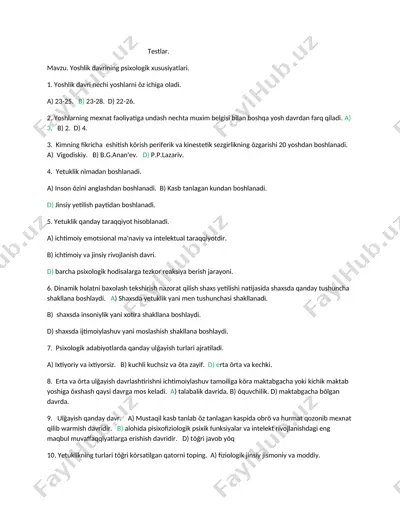 testlar: yoshlik davrining psixologik xususiyatlari — DOCX