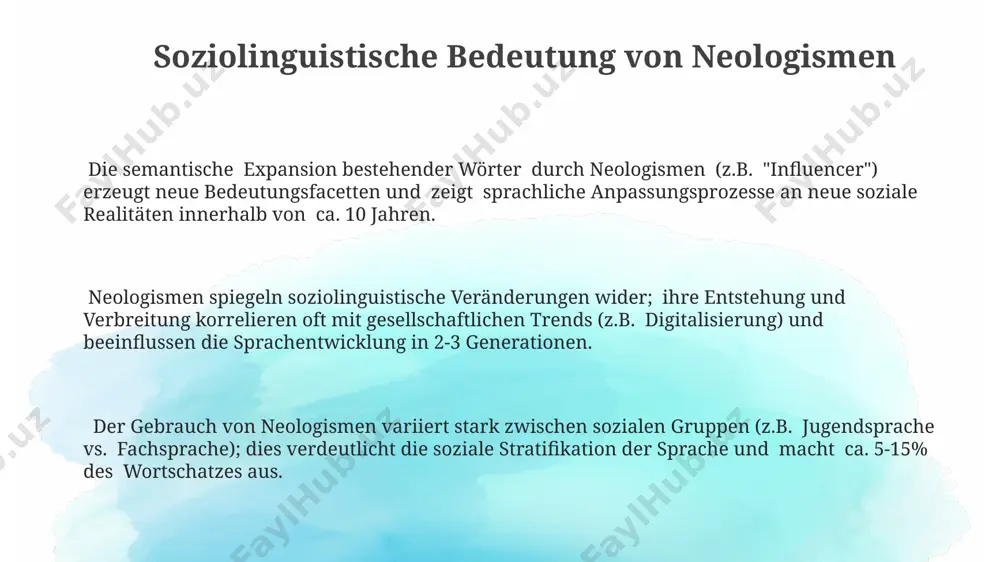 n in der technologie entstehen jährlich über 10.000 neue anglizismen als neologismen, oft kombiniert mit bereits bestehenden deutschen wörtern, was zu einer dynamischen sprachentwicklung führt. marketing und werbung generieren gezielt neologismen als markennamen (z.b. "googeln") oder prägnante produktbezeichnungen – mindestens 20% neuer wörter im konsumgüterbereich sind gezielte wortneuschöpfungen. der medizinische kontext zeigt eine hohe neologismen-rate, mit jährlich ca. 500 neuen begriffen zur beschreibung von krankheiten, behandlungsmethoden und medikamenten, reflektierend den wissenschaftlichen fortschritt. vielen dank für ihre aufmerksamkeit @taqdimot_robot image1.png