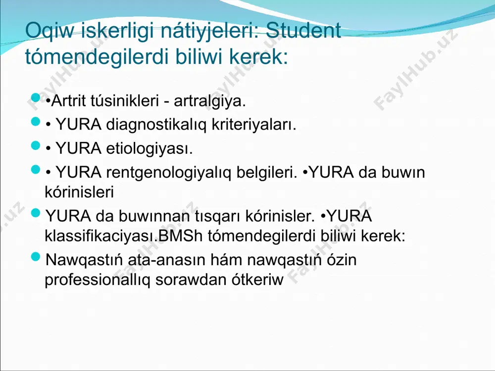 eginiń destrukciyası, shegaralangan súyek boslıǵı, geyde sekvestr bolıwı menen - tuberkulyoz artritinde). qosimsha usıllar: rayt, xeddelson reakciyası brusellez antigeni menen teri testi (byurne reakciyası) sinovial suyıqlıqtı tekseriw pirke reakciyası, mantu asqınıwı - basqa ishki organ hám sistemalardıń jaraqatlanıwı óz waqtında hám durıs emlengende prognoz jaqsı boladı differencial diagnoz revmatizm, bexterev keselligi, reyter keselligi, revmatoidli monoartrit penen ótkeriledi. emlew taktikası qozǵawshıǵa baylanıslı boladı. emlew antibiotikler, steroid emes isiniwge qarsı preparatlar, buwın boslıǵına kortikosteroidlar jiberiw járdeminde ámelge asırıladı. keselliktiń aqıbeti immun sistemanıń jaǵdayı menen belgilenedi hám kóp jaģdayda qozǵawshınıń xarakterine baylanıslı boladı. reiter keselligi. kesellik uretro-okulosinovial yamasa konyunktiv-uretro-sinovial sindrom dep te ataladı. etiologiyası tolıq anıqlanbaǵan, biraq bir qatar avtorlardıń pikirinshe, bul kesellik sidik-jınıs infekciyası menen baylanıslı, sebebi usı infekciya kóbinese keselliktiń rawajlanıwına alıp keledi. klinikası simptomlar triadası uretrit, konyunktivit, artrit penen xarakterlenedi hám ortasha bezgek penen ótedi. sidik jollarınıń jaraqatlanıwı - dizuriya, sidik shıǵarıwda qolaysızlıq, geyde piuriya. dawamlılıǵı ádette bir neshe kún, …