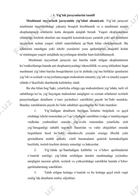 hakozolar. 2. yig’ishda qo’llaniladigan kalibrlar va o’lchov qurilmalarini o’rnatish xatoligi; yig’ishda erishilgan detalni mashinadagi joylashuv aniqligini nazorat qilish, sozlash va yetkazishdagi xatoliklar hamda o’lchov qurilmalarining xatoliklari. 3. talab etilgan holatga o’rnatish va bu holatga qayd etish vaqti oralig’ida detallarni nisbiy siljishlari. 4. detallarni tutashuvchi yuzalarida qirilishlarni hosil bo’lishi. 5. tutashuvchi detallarni o’rnatish va qayd etishdagi qayishqoqli deformatsiyalar va tutashmalar yuzalarini, ularni aniqligini buzuvchi plastik deformatsiyalar va birikmalar zichligi. boltni birlashma tortish kuchini javobgar boltli birikmani ishlash muddatiga ta’siri quyidagi 1 jadvalda misol tariqasida keltirilgan. 6. 1-jadval tortish kuchini boltli birikma ishlashiga ta’siri boltni birlamchi tortuvchi kuchi, n ishchi yuklamani o’zgarish oralig’i, n boltni o’rtacha ishlash muddati, sikllarda 6320 26300 32100 37500 0-41000 5960 35900 214500 5000000 jadvalda keltirilgan ma’lumotlar tahlili shuni ko’rsatadiki, yig’iladigan bir xil detallarni turli yig’ish shartlarida yig’ishda ishlash muddatlari keskin o’zgarib ketadi. tayyor mashina ishlab chiqarishga ketgan mehnat sarfini sezilarli qismini yig’ish ishlari tashkil qiladi. ishlab chiqarish …