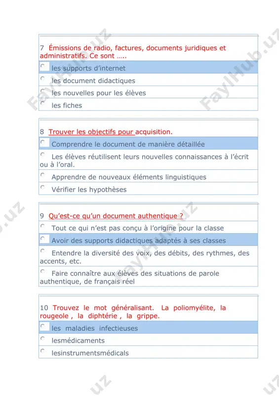 comment est le texte narrative? il raconte une suite d’événements il informe, il donne des faits, des dates, des chiffres il décrire quelque chose, il dit à quoi ça ressemble il explique le fonctionnement de quelque chose 26 quells supports peut-on utiliser quand-on a les textes explicatifs? menu/cv (curriculum vitae)/programme article de presse/ article encyclopédique/ bulletin météo recette/règles, règlement, consigne lettre, mail, carte postale 27 combien depourcent des français écoutent france inter ? 42% 23% 3% 6% 28 quel type de presseest la plus répandue ? les quotidiens des mensuels les magazines les hebdomadaires 29 trouvez le synonyme du verbe démarrer commencer conclure enseigner parler 30 correction magistrale c’est …….. au tableau, par l’enseignant(e), en faisant participer les apprenants. toutes les questions sont reposées et les réponses sont écrites au tableau. ce type de correction permet également de rassurer les apprenants en leur faisant prendre conscience de leurs acquis et …