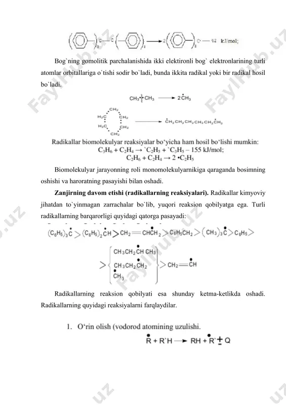 odorodlarning p–parchalanish reaksiyalari endotermikdir. yirik radikallar (c3 va undan yuqori parchalanishining faollanish energiyasi 110-170 kj/molni tashkil qiladi. quyi radikallar ch3, c2h5 parchalanishga barqarordir. agar tarmoqlanmagan ikkilamchi alkil radikalining parchalanishi bir necha yo`nalishda amalga oshishi mumkin bo`lsa, unda eng katta molekulyar massali radikal hosil bo`ladigan jarayon energetik jihatdan eng qulay bo`ladi. γ. radikalning qo`shbog`ga birikishi (p–parchalanishiga teskari bo`lgan reaksiya): qo`shbog`ga radikallarning birikishi issiqlik ajralishi bilan (76 -105 kj/mol) amalga oshadi. polyani-semyonov qoidasi bo`yicha hisoblab chiqilgan faollanish energiyasi 22 -29 kj/molni tashkil qiladi. 4. erkin radikallarning izomerlanishi. faraz qilishlaricha izomerlanish halqali oraliq holat orqali amalga oshadi. radikallarning 1,5-izomerlanishidan tashqari 1,4-, 1,6- va 1,7-izomerlanishlari ham sodir bo`ladi. uch va to`rt a`zoli sikllar juda kuchlalangan, shuning uchun alkil radikallarining 1,2 va 1,3-izomerlanishlarini deyarli amalga oshirib bo`lmaydi. arenlar uchun fenil radikalining 1, β–o`tishi kuzatiladi: gazli fazada uglevodorodlarning termik o`zgarishlari alkanlarning o`zgarishlari. alkanlarning termik reaksiyalari quyi alken va alkanlarga olib keladi. alkanlarning termik parchalanishi natijasida hosil …