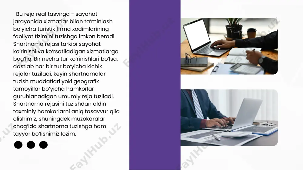 or qilinganda har bir holat uchun jarima, sanksiyalarni ko‘zda tutish uchun zarur bo‘ladi. turoperatorning to‘g‘ri tashkil qilingan shartnoma ishi uning turli xizmatlar etkazib beruvchilar faoliyatiga bog‘liq bo‘lmaslikka yordam beradi. yirik turoperatorlar, odatda, mehmonxonalar bilan, arzonlashtirilgan narxlarda ma’lum joylar soniga yoki mehmonxonaning to‘liq bandligini ta’minlash uchun uzoq muddatli shartnoma tuzadilar. bunda turoperator uchun xavf ham mavjud - barcha turlari sotilmagan hollarda bo‘sh joylar uchun o‘z hisobidan pul to‘lashga majbur. uncha katta bo‘lmagan yoki maxsuslashgan turoperatorlar ahamiyatli, mustaqil, inklyuziv turlarni sota turib, mehmonxonalar bilan erkin sotish haqida bitimga ega bo‘lishi mumkin va bunda mehmonxonalar turistlarning maksimal soni uchun joylashtirishni kafolatlashga rozi bo‘ladilar. bunday bitimlar uncha katta bo‘lmagan turistik dasturlar uchun foydali bo‘lishi mumkin, ammo ular sezilarli kamchilikka ega, chunki mehmonxonalar egalari ba’zida ma’lum sanada mehmonxonani yopish huquqini o‘zlarida saqlab qoladilar. turizmda shartnomaviy o‘zaro munosabatlar xalqaro va milliy foqarolik huquq me’yorlari bilan tartibga solinadi. xalqaro darajada bunday munosabatlar quyidagi asosiy hujjatlar bilan tartibga …