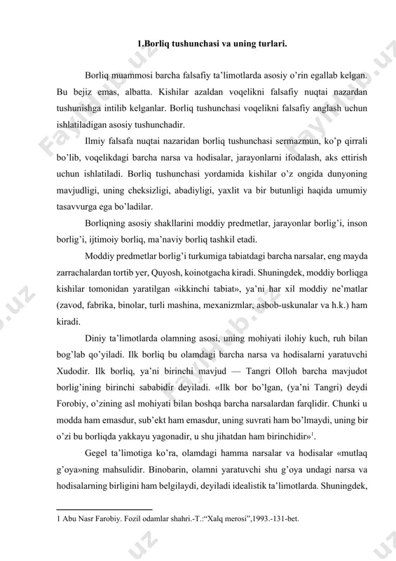 chidir»[footnoteref:1]. [1: abu nasr farobiy. fozil odamlar shahri.-t.:“xalq merosi”,1993.-131-bet. ] gegel ta’limotiga ko’ra, olamdagi hamma narsalar va hodisalar «mutlaq g’oya»ning mahsulidir. binobarin, olamni yaratuvchi shu g’oya undagi narsa va hodisalarning birligini ham belgilaydi, deyiladi idealistik ta’limotlarda. shuningdek, boshqa diniy va falsafiy qarashlarda ham voqelikdagi barcha narsalar xudo tomonidan yaratilgan deb tushuntiriladi. o’rta asr davrida ijod etgan xudojo’y faylasuf akvinskiyning ta’limotiga asoslangan katolik cherkovining rasmiy falsafasi hisoblanuvchi hozirgi zamonda bir qator mamlakatlarda keng tarqalgan neotomizm falsafasining vakillari mariten, jilson (frantsiya), de reymeker (belgiya), de friz (germaniya), vetter (avstriya), boxenskiy va boshqalar ruhiy, ilohiy birinchi ibtido, deb tushuniladigan «sof borliq»ni oliy reallik, deb hisoblaydilar. moddiy olam ikkilamchi va hosila, deb e’lon qilinadi. neotomizm nazariyasining asosiy maqsadi xudoni borliqning bosh sababchisi va barcha falsafiy kategoriyalarning bosh asosi, deb e’tirof qilishdir. diniy falsafaning yana bir shakli bo’lgan personalizm (lot. persona — shaxs) oqimining vakillari b.p.boun, r.t.flyuelling, e.sh.braytmen (aqsh), x.u.kerr (angliya), v.shtern (germaniya) va ularning …