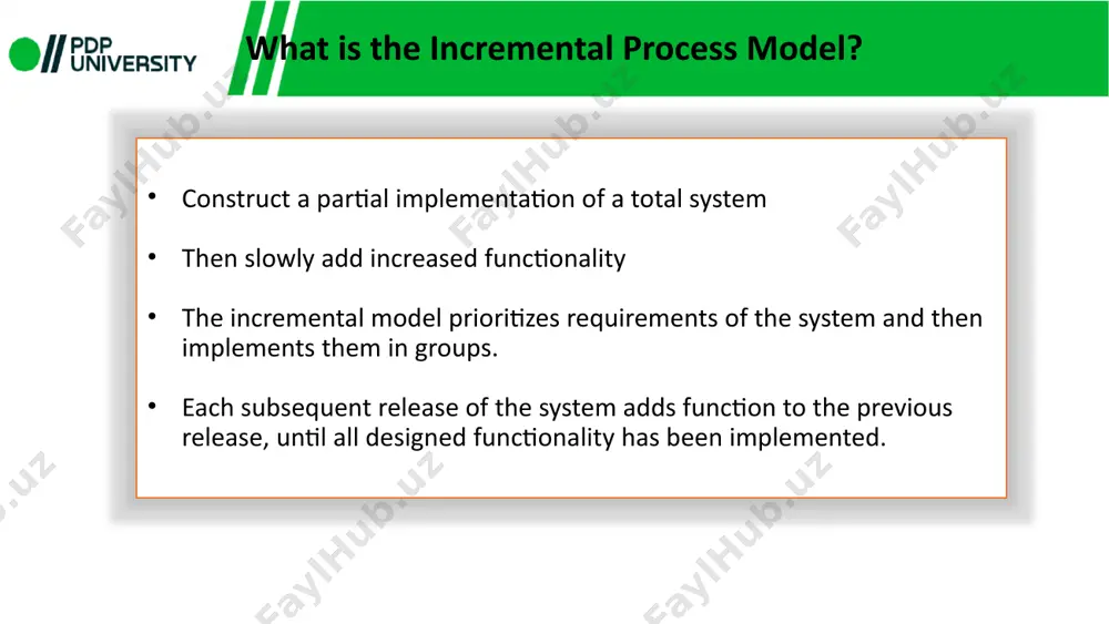 the identification of errors is simple. disadvantages of the incremental process model a good team and proper planned execution are required. because of its continuous iterations the cost increases. issues may arise from the system design if all needs are not gathered upfront throughout the program lifecycle. every iteration step is distinct and does not flow into the next. it takes a lot of time and effort to fix an issue in one unit if it needs to be corrected in all the units. thank you !!! image1.png image2.jpeg image3.png image4.png image5.png image6.png