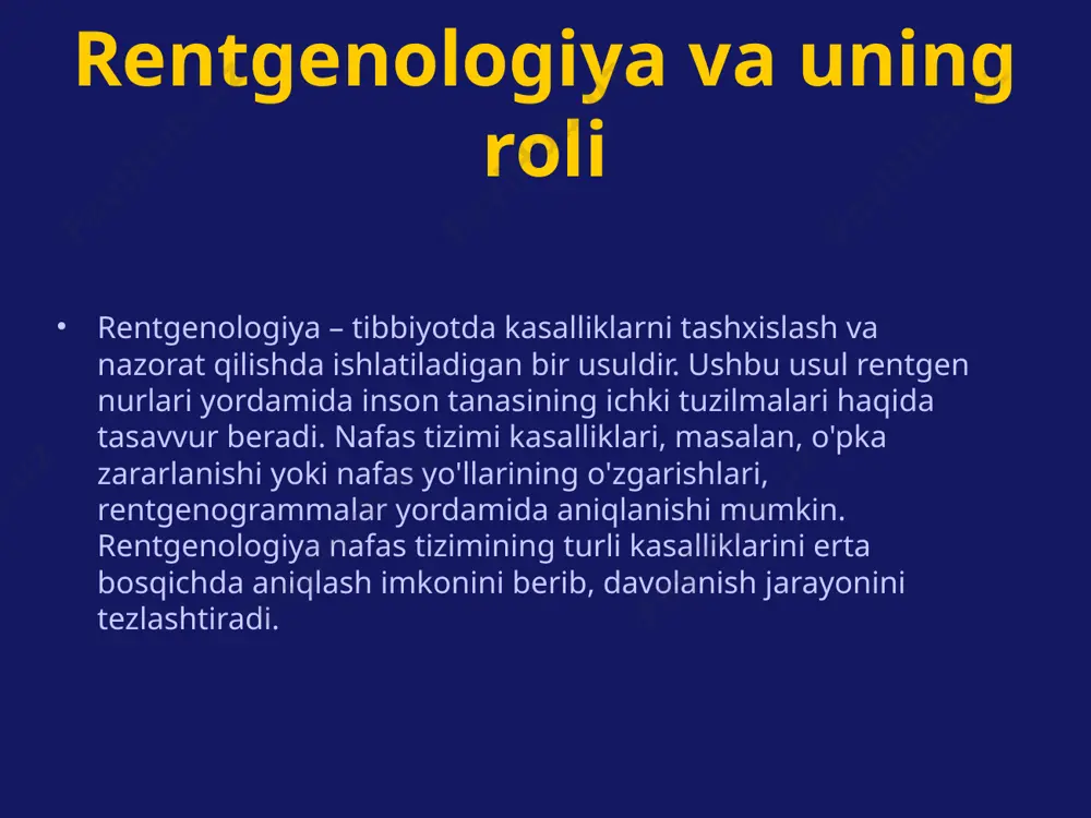 a yordam beradi. klinikalarda rentgenologik yondashuv klinikalar nafas tizimi kasalliklarini diagnostika qilish va davolashda rentgenologik yondashuvlar muhim ahamiyatga ega. rentgenologik tekshiruvlar davo strategiyasini belgilashda asosiy manba hisoblanadi. shifokorlar bu jarayonda bemorlar manfaatlari uchun mukammal yondoshuvni ishlab chiqishlari zarur. naqshga olingan rentgenogrammalar studiyaviy holatlar asosida qabul qilingan qarorlar natijasida bemorlarning sog'ligiga ijobiy ta'sir ko'rsatishi mumkin. e'tiboringiz uchun rahmat! /docprops/thumbnail.jpeg
