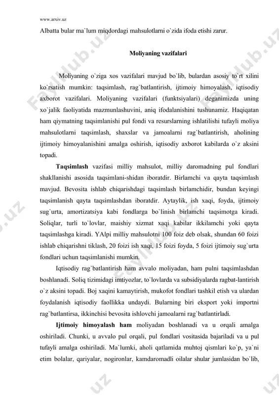 vosita ishlovchi jamoalarni rag`batlantirladi. ijtimoiy himoyalash ham moliyadan boshlanadi va u orqali amalga oshiriladi. chunki, u avvalo pul orqali, pul fondlari vositasida bajariladi va u pul tufayli amalga oshiriladi. ma`lumki, aholi qatlamida muhtoj qismlari ko`p, ya`ni etim bolalar, qariyalar, nogironlar, kamdaromadli oilalar shular jumlasidan bo`lib, ular o`z tirikchi-ligini yuritishni minimal darajada ta`minlashda ham doimo muhtoj bo`ladilar. ijtimoiy himoyalash esa shularni moliyaviy ta`minlash, boshqacha aytganda, moliyaviy kafolatlashni talab etadi. bu asosan davlat yordamida amalga oshadi. davlat maxsus fondlar tashkil etib, bunday himoyalashni amalga oshirib boradi. bunga yordamchi sifatida korxona, tashkilot, jamoalar ham shunday fondlar tashkil etadi va aholini ijtimoiy himoyalashda faol ishtirok etadi. ishsizlik nafaqalari, bolalar uchun nafaqa, nogironlar pensiyasi kabilar bundagi asosiy fondlar hisobiga kiradi. bundan tashqari ijtimoiy iste`mol orqali amalga oshadigan fondlar ham mavjud bo`lib, bularga bepul tibbiy xizmat, maorif, atrof muhitni sog`lomlashtirish kabilarni kiritish mumkin. bulardagi umumiylik ommaviy ijtimoiy kafolatlilikdadir. inflyatsiya vaqtidagi kompensatsiyalar yoki zararlarni qisman qoplashga jalb …