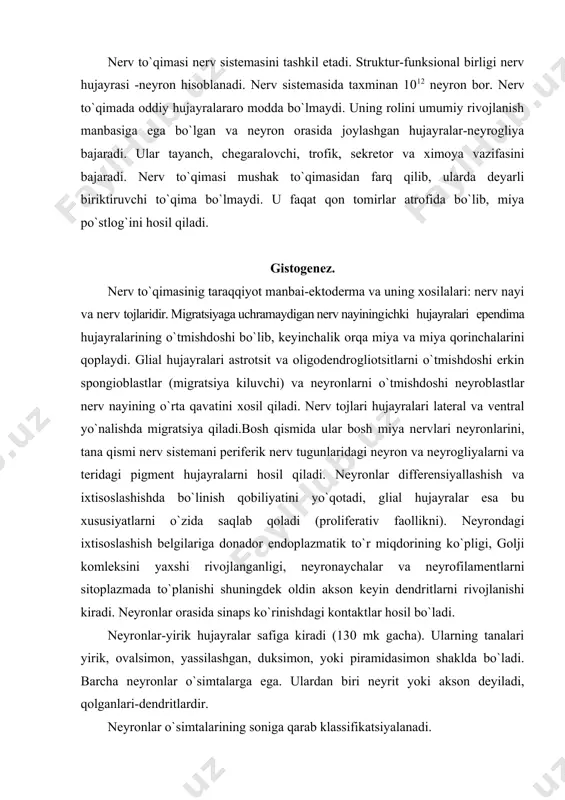 a). ularning tanalari yirik, ovalsimon, yassilashgan, duksimon, yoki piramidasimon shaklda bo`ladi. barcha neyronlar o`simtalarga ega. ulardan biri neyrit yoki akson deyiladi, qolganlari-dendritlardir. neyronlar o`simtalarining soniga qarab klassifikatsiyalanadi. unipolyar-1 ta o`simtali nerv hujayralar. bu hujayralar odamda faqat embrional davrda uchraydi. bipolyar-ikki o`simtali nerv hujayralar multipolyar-uch va undan ortiq o`simtali hujayralarga aytiladi. bipolyar neyronlar orasida psevdounipolyar hujayralar farqlanadi. psevdounipolyar hujayralar tanasidan ikkita usimta chikib, “t” shaklida ikkiga bo`linadi. nerv sistemasida neyronlarning asosiy qismi multipolar bo`lib, ularda uch va undan ortiq o`simtalar bor. bu o`simtalarning faqat bittasi neyrit bo`lib, qolganlari dendritlardir. bajaradigan vazifalariga qarab neyronlar sezuvchi (retseptor yoki afferent) assotsiativ, harakatlantiruvchi (effektor yoki efferent), sekretor neyronlarga bo`linadi. nerv ho`jayralarininig tuzilishi. neyronlarning yadrolari yirik bulib,ko`pincha markazda joylashgan. xromatini deyarli butunlay dekondensatsiyalangan, bitta yirik yadrochaga ega. ko`pchilik neyronlar tetraploidli. nerv hujayrasining sitoplazmasida umumiy organellalar: mitoxodriyalar, golji kompleksi, lizosomalar, mikronaychalar va mikrofilamentlar mavjud. nerv hujayra strukturasining xarakterli belgilaridan biri-unda nissl moddasining bo`lishidir. bu modda sitoplazmada bazofil …