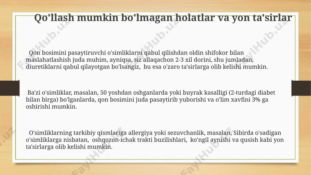 etiladi. bu usul samarqand viloyatida keng qo'llaniladi va arterial gipertenziya profilaktikasi sifatida samarali hisoblanadi. sibir archa mevalaridan tayyorlangan damlamani kuniga 2 marta, har bir dozasi 15-20 ml dan, toshkentdagi fitoterapevtlar tavsiya qilganidek, qon bosimini pasaytirishda yordam beradi. qoraqalpoqiston respublikasida o'stirilgan sarimsoqni 2-3 bo'lakdan kuniga 2 marta iste'mol qilish qon bosimini tartibga solishga yordam beradi, ammo buyrak muammolari bo'lganlar ehtiyotkorlik bilan foydalanishlari kerak. sog'lom turmush tarzini saqlash va o'simliklardan foydalanish qoraqalpog'iston respublikasida olib borilgan tadqiqotlar shuni ko'rsatdiki, qon bosimini nazorat qilishda kuniga 2 marta 200mg dolchin ekstrakti qabul qilish qon bosimini samarali tartibga soladi. sog'lom turmush tarzini saqlash, jumladan, kuniga kamida 30 daqiqa jismoniy mashqlar va to'g'ri ovqatlanish, qon bosimini 120/80 mm hg dan pastroq darajada ushlab turishga yordam beradi, bu esa yurak-qon tomir kasalliklari xavfini 20% ga kamaytiradi. o'zbekistonning tog'li hududlarida o'sadigan 50 dan ortiq dorivor o'simliklar, xususan, shuvoq va kekik kabi o'simliklar, xalq tabobatida qon bosimini tartibga solishda ishlatiladi. …