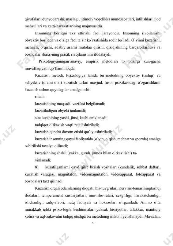 oqlarga mu-nosabati, his-tuyg`usi, talpinishi, mayli, xohishi aniqlanadi. o`quv-chining darsdagi holatini kuzatishda esa diqqatining xususiyati, tashqi qo`zg`atuvchi bilan ta`sirlanishi, temperamenti, xatti-haraka-tining sur`ati, emotsional kechinmasining o`zgarishi to`g`risida ma`-lumotlar to`plashga imkoniyati tug`iladi. o`spirin yoshlarning sport faoliyatini kuzatish orqali ularning irodasi, ishchanligi, his-tuy-g`usiningo`zgarish xususiyatlari, g`alabaga intilishi, o`ziningharaka-tini idora qila olishi yuzasidan materiallar yig`ish mumkin. ish-chining dastgoh yonidagi faoliyatini kuzatish natijasida uning o`z diqqatini taqsimlashi, qiyin damlarda o`zini tutishi, imo-ishora-lari, tashqi qo`zg`atuvchidan ta`sirlanish darajasi haqida keng ma`-lumotlar yig`iladi. keksalarning muloqot jarayonini kuzatish ularning xarakteri, nutq faoliyati, his-tuyg`usi, ekstravertivligi yoki intravertivligi, qiziquvchanligi va ruhiyatining boshqa xususiyat-larini aniqlash demakdir. tashqi kuzatishda ba`zan tafakkur bo`yicha ham ma`lumotlar olish: ish ustidagi kayfiyatini, fikrning muayyan obyektga yo`naltirilga-nini, tashqi qo`zg`atuvchilarta`siriga berilmaslikni, chehradagi tash-vish va iztirobni, ko`zdagi g`ayritabiiylikni, shuningdek, sinchkov-lik, teranlik, termulish kabi ruhiy holatlarni kuzatib, tafakkur-ning kechishidagi o`zgarishlarni aniqpash mumkin. bulardan tashqa-ri, qo`lning titrashi, asabiylashish, nutqning buzilishi, hissiyot-ning beqarorlashuvi ham inson ruhiyatidagi o`zgarishlar bo`yicha ma`-lumot beradi. psixologiya fanida o`zini o`zi kuzatishdan …
