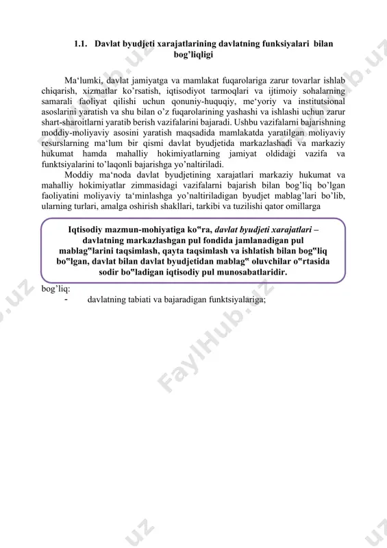 sohalar bilan aloqalarining ko’lamiga; · davlatning ma‘muriy-hududiy tuzilishiga; · byudjet mablag’larini taqdim etish shakllariga va b. masalan, agar davlatning asosiy e‘tibori iqtisodiyot tarmoqlarini davlat tomonidan qo’llab-quvvatlashga qaratilgan bo’lsa, qabul qilinayotgan iqtisodiy rivojlanish dasturlarini amalga oshirishning moliyaviy manbalarida davlat byudjetining ulushi yuqori bo’ladi, byudjet xarajatlari tarkibida ham yirik markazlashgan investitsiyalarni davlat resurslari hisobidan moliyalashtirish xarajatlari ustun bo’ladi. davlatning asosiy e‘tibori jamiyatdagi ijtimoiy muammolarni hal qilishga, aholini ijtimoiy jihatdan qo’llab-quvvatlashga, ijtimoiy dasturlarni davlat mablag’lari hisobidan amalga oshirishga qaratilgan bo’lsa, xarajatlar tarkibida ijtimoiy maqsadlardagi xarajatlar ustun darajada bo’ladi. byudjet xarajatlari tarkibi va tuzilmasi muayyan byudjet yili uchun tasdiqlanadigan davlat byudjeti parametrlarida bevosita ko’rsatiladi va, byudjet daromadlari kabi, mamlakatda u yoki bu davrda qaror topgan iqtisodiy vaziyatga hamda ijtimoiy ustuvorliklar ko’lamiga bog’liq bo’ladi. davlat byudjetining barqarorligi mamlakat iqtisodiyoti va ijtimoiy sohalarning holatini tavsiflaydigan muhim ko’rsatkichlardan biridir. milliy iqtisodiyotning ayrim korxonalarini moliyaviy jihatdan qo’llab-quvvatlash, davlat investitsiya dasturlarida ko’zda tutilgan investitsiya loyihlarini qo’shma moliyalashtirish, ijtimoiy soha …
