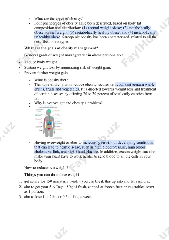 d in a restaurant may be higher in fat and sugar. · eating larger portions than you need. · what are the types of obesity? · four phenotypes of obesity have been described, based on body fat composition and distribution: (1) normal weight obese; (2) metabolically obese normal weight; (3) metabolically healthy obese; and (4) metabolically unhealthy obese. sarcopenic obesity has been characterized, related to all the described phenotypes. what are the goals of obesity management? general goals of weight management in obese persons are: · reduce body weight. · sustain weight loss by minimizing risk of weight gain. · prevent further weight gain. · what is obesity diet? · this type of diet plan to reduce obesity focuses on foods that contain whole grains, fruits and vegetables. it is directed towards weight loss and treatment of certain diseases by offering 20 to 30 percent of total daily calories from …