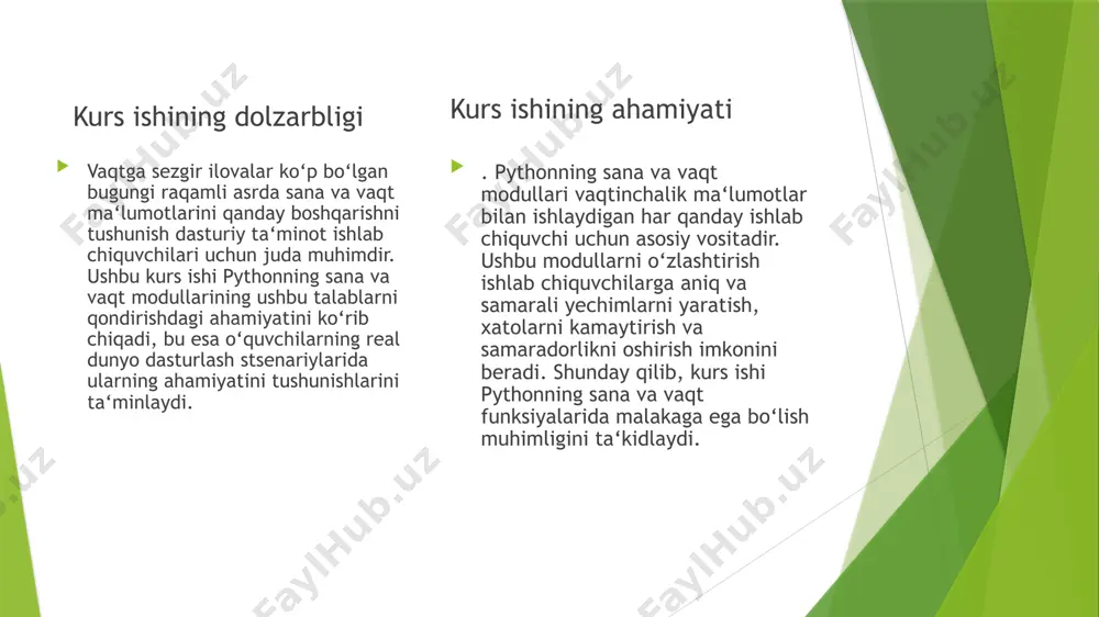 rishlar, kodlarni ko‘rsatish va amaliy mashqlarni o‘z ichiga olgan kurs materiallari bilan faol shug‘ullanishdir. amaliy amaliyot va tajribalar orqali o'quvchilar pythonning sana va vaqt modullari haqidagi tushunchalarini chuqurlashtiradilar, natijada python-da vaqtinchalik ma‘lumotlar bilan ishlash bo‘yicha malakalarini oshiradilar. dasturlashda sana va vaqt bilan ishlashning ahamiyati dunyodagi hamma narsa butunlay sana va vaqtga bog‘liq. bugun 2024-yil 16-may va hozir soat 13:35, lekin bu butun dunyoda bir xil vaqtmi, to‘g‘ri emas, nega biz aniq bilamizki, yer globus shaklida va yer o‘z o‘qi atrofida aylanadi. shunday qilib, quyosh bir vaqtning o‘zida yerning barcha nuqtalarida ko‘rinmaydi. shunday qilib, yerning yarmi kunduzi, yarmi esa tungi vaqtga ega bo‘ladi. dunyoda 24 ta vaqt mintaqasi mavjud. bir kun soniyalarga bo‘linadi va ma‘lum bir joyning aniq vaqtini olish uchun hisoblab chiqiladi. lekin bu unchalik oddiy emas. kunning har bir soati uchun bittadan bo‘lgan 24 vaqt mintaqasi nazariy jihatdan uzunlik kabi butun dunyo bo‘ylab vertikal ravishda chizilgan. ko‘pgina dasturlash tillari …