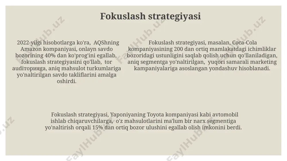 i o'rtasidagi raqobat, 15% ga yaqin foyda marjasini ta'minlaydigan, xomashyo narxlari va texnologiya yangilanishining ta'siri ostida bo'ladi. toshkent shahridagi kiyim-kechak chakana savdo bozorining tahlili shuni ko'rsatdiki, 30% dan ortiq bozor ulushiga ega bo'lgan 2 ta yirik brendning mavjudligi, narxlar strategiyasiga kuchli ta'sir ko'rsatadi. 2022-yilda o'zbekistondagi avtomobil bozorida 5 ta yirik o'yinchi 70% dan ortiq ulushni egallagan bo'lib, bu yuqori darajadagi konsentratsiyani va kuchli raqobatni ko'rsatadi. strategik guruhlar va raqobat dinamikasi strategik guruhlarning 5 yillik o'rtacha rentabellik ko'rsatkichlari geografik jihatdan farq qiladi: aqsh bozorida 15%, xitoyda esa 8% ni tashkil etadi, bu raqobat intensivligining mintaqaviy farqlarini aks ettiradi. raqobat dinamikasida 3 ta asosiy o'yinchining (a, b va c kompaniyalari) bozor ulushi 2022 yilda mos ravishda 40%, 30% va 25% ni tashkil etdi, bu kuchli konsentrasiyani ko'rsatadi va yangi kiruvchilar uchun katta to'siqlarni keltirib chiqaradi. raqobat dinamikasida 3 ta asosiy o'yinchining (a, b va c kompaniyalari) bozor ulushi 2022 yilda mos ravishda …