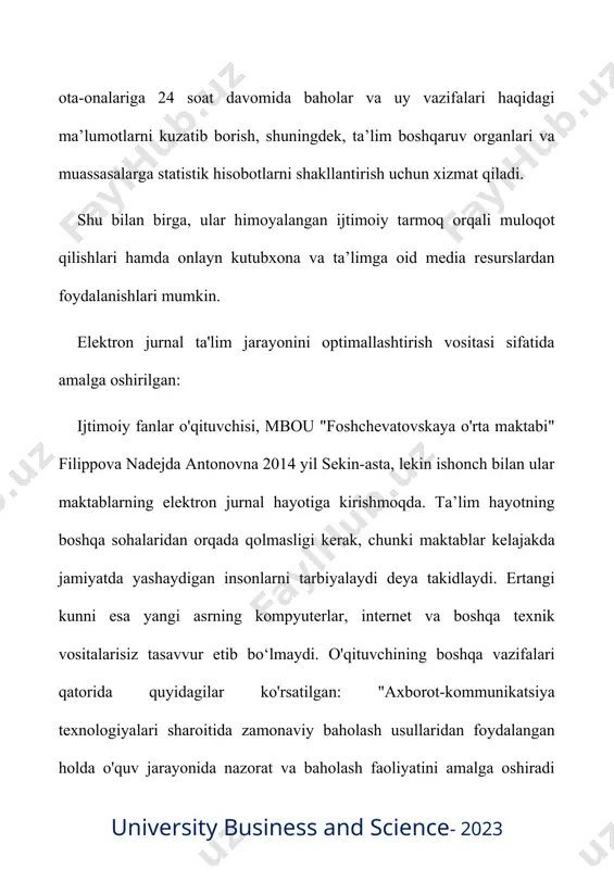 a tayyormiz. afzalliklar "elektron sinf jurnali": o'quvchilar, ota-onalar va maktab ma'muriyati oldida pedagogik jarayonning "oshkoraligi"; oraliq va yakuniy baholarni belgilashning xolisligi; individual o'quvchilarning va butun sinfning ish faoliyatini bashorat qilish qobiliyati; talabalarning o'quv mashg'ulotlariga qatnashishini nazorat qilishning qulayligi, o’quv-tematik rejalashtirish va o'qituvchilar tomonidan dasturlarni amalga oshirish; axborot xavfsizligi qoidalariga rioya qilish sharti bilan jurnal ma'lumotlarining yuqori darajadagi xavfsizligi avvalo, sharoit yaratish kerakfan o'qituvchisining ish joyida "ej" bilan ishi uchun. maktabda fan o`qituvchilarining barcha ish joylari kompyuter bilan jihozlangan bo`lishi shart. yagona lokal tarmoq bu barcha kompyuterlarni va maktab ma'muriyati tomonidan foydalaniladigan barcha kompyuterlarni birlashtiradi. mening printsipial pozitsiyam shunday fan o'qituvchisi elektron jurnal bilan real vaqt rejimida faqat o'z ish joyida ishlashi kerak. axborot texnologiyalari haqiqatda o'qituvchining ishini osonlashtirishi kerak, balki uni murakkablashtirmasligi kerak. o'qituvchi o'quvchilarning yutuqlarini qayd etishning muntazam jarayonlarini avtomatlashtirish va ularning ishini osonlashtirish uchun elektron jurnal bilan ishlashning haqiqiy afzalliklarini ko'rishi kerak. elektron jurnal bilan ishlash o'qituvchining vaqtini …
