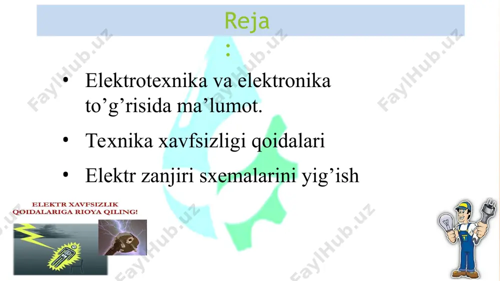 qarshilik ko'rsatadi va uning qiymati odamning ayni vaqtdagi holatiga (tetiklik, asab sistemasining ishi, terining namligi va quruqligi va hokazo) ko'ra har hil bo'ladi. agar odam tanasining ustki qismi (terisi) jarohatlanmagan, namlanmagan (quruq) bo'lsa, uning qarshiligi 40000-300000 om, jarohatlangan nam holatda bo'lsa u keskin kamayadi va bir necha yuz omga teng bo'ladi. – kishi tanasidan o'tadigan tok kuchi ie =u/rg formula bo'yicha ifodalanadi va uning qiymati 0,01-0,015 a bo'lsa hayot uchun havfli, 0,08 a dan ortishi esa o'limga olib keladi. kishi tanasidan o'tadigan kichik tok ham davomli bo'lsa o'lim havfi sodir bo'lishi mumkin. shu sababli tok ta'siridagi odamga beriladigan tez yordam uni tokdan ajratish bilan boshlanishi zarur. bunda ulab - uzgichlardan foydalanish imkoni bo'lmasa, uni tok manbaidan uzish yoki darhol yog’och dastali tesha yoki bolta bilan tokli simni chopib tashlash, bo'lmasa biror matodan izolyaciya sifatida foydalanib, jabrlanuvchini tokdan ajratish kerak. so'ngra 4-5 daqiqa o'tmasdan jarohatlangan kishiga sun'iy nafas berilishi kerak. umumtexnik …