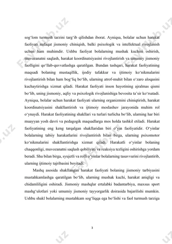 jismoniy tayyorgarlik doirasida bajarilishi mumkin. ushbu shakl bolalarning mustahkam sog‘liqqa ega bo‘lishi va faol turmush tarziga odatlanishi uchun muhim ahamiyatga ega. harakat faoliyatining yana bir turi mehnat faoliyati bo‘lib, bu jarayonda bolalar turli harakatlarni bajarish orqali o‘zlarining motorika qobiliyatlarini rivojlantiradilar. mehnat faoliyati bolaning mayda va yirik harakatlarini takomillashtirishga xizmat qilib, mustaqillik, javobgarlik va ijtimoiy ko‘nikmalarni shakllantirishga yordam beradi. uy-ro‘zg‘or ishlariga ko‘maklashish, bog‘dorchilik ishlari yoki qurilish konstruksiyalari bilan shug‘ullanish kabi faoliyat turlari mehnat harakat faoliyatiga misol bo‘la oladi. ijodiy harakat faoliyati esa bolalarning tasavvurini kengaytirib, ularga his-tuyg‘ularini ifodalash imkonini beradi. raqs, teatr harakatlari, musiqa bilan bog‘liq mashg‘ulotlar bolalarning harakat estetikasi va ritmni his qilish qobiliyatlarini rivojlantirishga xizmat qiladi. ushbu faoliyat shakllari bolaning umumiy badiiy didini oshirish bilan birga, uning psixologik va ijtimoiy holatiga ham ijobiy ta’sir ko‘rsatadi. sport faoliyati bolalarning jismoniy rivojlanishini qo‘llab-quvvatlaydigan yana bir muhim harakat turi hisoblanadi. sport bilan shug‘ullanish bolaning chidamliligini oshiradi, irodaviy sifatlarini shakllantiradi va jamoaviy ishlash …