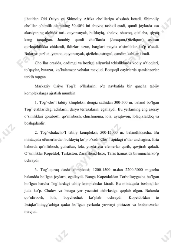 00 m.dan 2000 m.gacha bo’lgan yerlarda zarang, olma, yonіoq, archa, namatak ko’p o’sadi. turikston tog`larining 3000 m.gacha bo’lgan qismida archa keng tarqalgan. 5. subalp tipidagi o’tloqlar kompleksi. bu mintaqa tog`larning geografik yo’nalishi, yoіin miqdori va boshqa xususiyatlariga qarab har xil joylashgan. m.: orqa iee olatovida 1500-1600 m.dan,farg`ona tizmasida 2500-2700 m.dan, oloy vodiysidagi tog`larda esa 3100-3200 m.dan boshlanadi. mintaqaning asosiy o’simlik dunyosi o’tloqlar, yel-pixta o’rmonlari, archazorlardan iborat. subalp o’tloqlari yaylov sifatida katta ahamiyatga ega bo’lib, bu yerda asosan betaga, kavrak, qo’nіirbosh, mushukquyruq, yorongul kabi o’ziga xos o’simliklar uchraydi. subalp mintaqasining janubida archaning bir qancha turi mavjud. archaning asl vatani turkiston tog`laridir, u 800-3000 metr balandlikkacha o’sadi. 6. alp tipidagi kompleks. bu mintaqaga 3000-35000 m.dan qorli tog` tepalarigacha, ba'zan doimiy qor chegarasidan ham yuqori joylar kiradi. namgarchilik ko’p yerlar alp tipidagi o’tloqlar, yoіin oz yerlar esa tog` dashtlari bilan qoplangan. alp o’tloqlari o’simliklari subalp o’tloqlaridan bo’yining balandligi bilan ajralib turadi. mintaqada har …