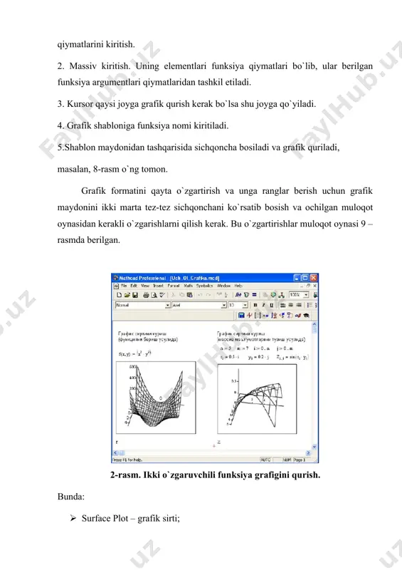 hasida mathcaddan foydalansa bo’ladimi ? 3. mathcad dasturida ikki o’lchovli grafika qanday quriladi ? 4. mathcadda ikki o’lchovli grafika qurishda nimalarga e`tibor beriladi ? 5. dasturda uch o’lchovli grafika qanday quriladi ? 6. mathcadda uch o’lchovli grafika qurishda nimalarga e`tibor beriladi ? 7. mathcadni bilish arxitektorga qanday ustunlik beradi? image1.png image2.png image3.png