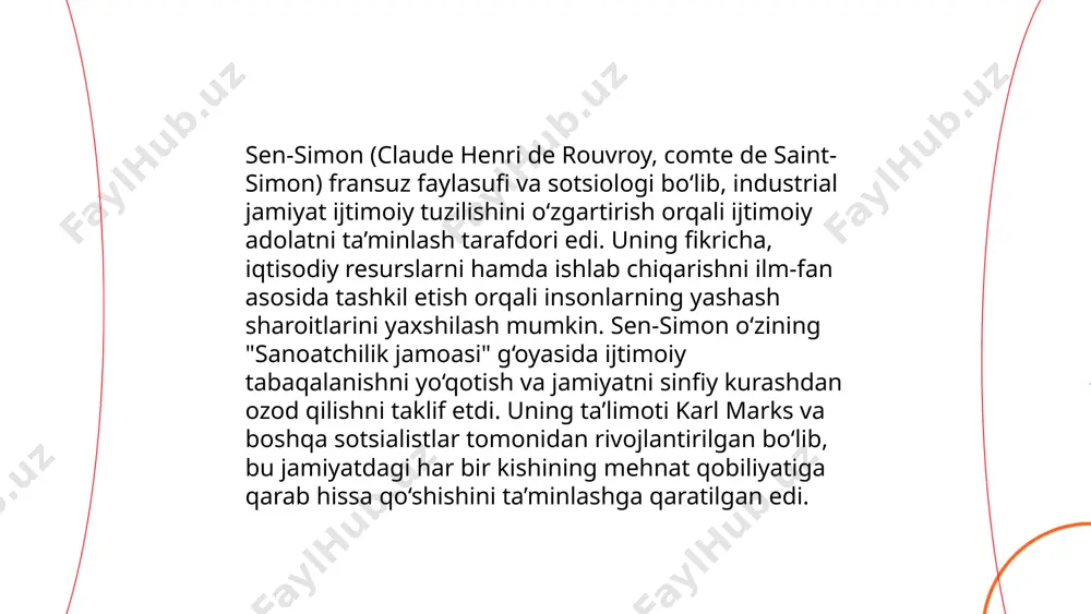 ish darajasi va hayot sifati muhim ahamiyatga ega. rivojlanishni o'lchashda inson rivojlanish indeksi (iri) ishlatiladi, bu indikator 0 dan 1 gacha o'zgaradi va ko'p mamlakatlar tomonidan qabul qilingan. ... t.me/slaydai_bot sen simonsning iqtisodiy taraqqiyot tushunchalari ko‘pincha jamiyatning farovonligiga qaratilgan. u iqtisodiy taraqqiyotni faqat yalpi ichki mahsulot (yim) o‘sishi bilan emas, balki resurslarning samarali taqsimlanishi va barqaror rivojlanish bilan baholaydi. uning fikricha, iqtisodiyotda noto‘g‘ri taqsimlangan resurslar va qismi raqobat tufayli ijtimoiy zarar yetkaziladi. simonning nazariyalariga ko‘ra, texnologiya va innovatsiyalar iqtisodiy o‘sishning kaliti hisoblanadi. 1980-yillarda uning raqobat va monopoliyalar haqida bergan hissasi ko‘plab iqtisodiy siyosat va qarorlarga asos bo‘ldi. simon inson kapitalini, ayniqsa, ta'lim va sog‘liqni saqlash sohalarini iqtisodiy rivojlanish uchun muhim omillar deb bilgan. ... t.me/slaydai_bot 10. sen simon va iqtisodiy islohotlar senat raisi oliy majlis qonunchilik palatasi tomonidan tayinlanadi. oʻzbekistonda iqtisodiy islohotlar davom etmoqda. jumladan, 2023-yilda yalpi ichki mahsulot (yaim) o'sish sur'ati 5,2% darajasida prognoz qilinmoqda. tashqi savdo hajmi esa …