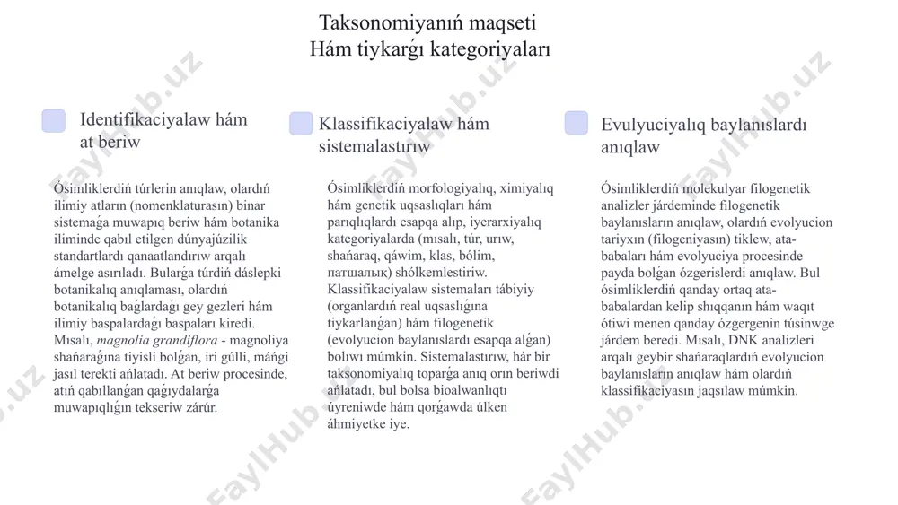 teofrasttıń bul jumısı botanika iliminiń tiykarın qalıplaǵan bolıp, keyingi alımlar ushın úlken derek boldı. ol, ásirese, ósimliklerdiń sırtqı kórinisi hám qurlısına itibar qaratıp, olardı anıqlaw hám klassifikaciyalawda qollanılǵan. 2 aristotel ósimliklerdiń janlı tárizin úyrengen birinshi alımlardan biri bolıp, olardı qanǵa iye bolmaǵan haywanlar qatarına qostı. aristoteldiń bul kózqarası, sol dáwirdegi biologiyalıq túsiniklerdiń rawajlanıwına úlken tásir etken. onıń ósimlikler haqqındaǵı pikirleri, olardıń haywanlar menen bolǵan ayırmashılıǵın hám uqsaslıǵın anıqlawǵa qaratılǵan edi. 3 áyyemgi alımlar ósimliklerdiń dárilik qásiyetlerin úyreniwge úlken itibar qaratıp, olardı medicinalıq maqsetlerde qollanıw ushın klassifikaciyaladı. mısalı, áyyemgi mısırda hám mesopotamiyada ósimliklerdiń medicinalıq qásiyetleri belgili bolıp, olardıń klassifikaciyası emlew ushın qollanılatuǵın dárilik ósimliklerdi anıqlawǵa qaratılǵan edi. bul, medicinalıq botanika iliminiń rawajlanıwına tiykar saldı. 4 karl linney hám binar nomenklatura sisteması binar nomenklatura hár bir túr ushın eki sózden ibarat at beriw sisteması (genus hám túr), bul dúnyajúzilik ilimiy at beriwdi standartlastırıwǵa múmkinshilik berdi. binar nomenklatura, organizmlerdiń atların anıq hám universal …