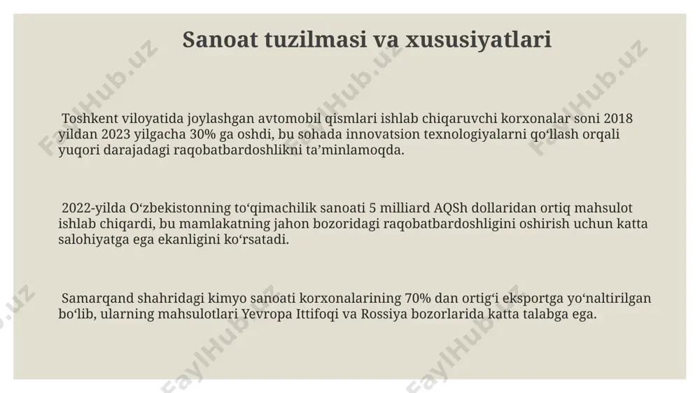 ланди. xarajat liderligi strategiyasi ushbu strategiya, o‘rtacha 15% ga teng xarajatlarni kamaytirish orqali, kompaniyaning raqobatbardoshligini oshiradi va shuningdek, xitoy kabi arzon ishchi kuchi bo‘lgan mamlakatlardan foydalanishni o‘z ichiga oladi. xarajatchilik liderligi strategiyasi, masalan, walmart kompaniyasi kabi yirik chakana savdo tarmoqlari tomonidan qo‘llaniladi va ularning aqsh bozoridagi 20% dan ortiq ulushiga erishishida muhim rol o‘ynaydi. xarajatlarni kamaytirishga 5% dan ortiq foizni tejashga erishish orqali, kompaniya mahsulotlarini raqobatchilardan ancha arzonroq narxda sotish imkoniyatiga ega bo‘ladi va shu tariqa, evropa bozorlarida ham o‘z o‘rnini mustahkamlaydi. differentsiatsiya strategiyasi differensiatsiya strategiyasi kompaniyalarga, masalan, 2023-yilda aqshning avtomobil bozorida 15% ulushga ega bo‘lgan tesla kabi, yuqori narxlarni o‘rnatish va o‘ziga xos xususiyatlar bilan raqobatdosh ustunlikka erishish imkonini beradi. differensiatsiya strategiyasi, yaponiyaning sony kompaniyasining audio texnikasi bozoridagi 10 yillik tajribasi misolida ko‘rinib turibdiki, mahsulot sifati va innovatsion texnologiyalarga asoslangan brend obro‘sini yaratishga qaratilgan. differensiatsiya orqali, masalan, evropaning hashamatli mehmonxonalar tarmog‘i bo‘lgan 5 yulduzli “ritz-carlton” 20% ga yuqori xizmat …