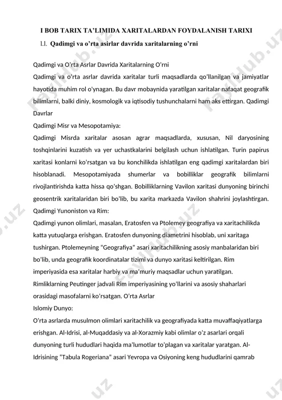 alari, qishloq xo’jaligi hududlari va boshqa iqtisodiy obyektlarni aks ettiradi. - **sanoat xaritalari:** sanoat korxonalari va ularning joylashuvini ko’rsatadi. - **qishloq xo’jaligi xaritalari:** qishloq xo’jaligi mahsulotlarini yetishtirish hududlarini tasvirlaydi. - **savdo xaritalari:** savdo yo’llari va savdo markazlarini ko’rsatadi. 4. iqlim xaritalari iqlim xaritalari turli hududlarning iqlim sharoitlarini aks ettiradi. bu xaritalar harorat, yog’ingarchilik, shamol yo’nalishlari va boshqa iqlim o’zgarishlarini ko’rsatadi. harorat xaritalari:** turli hududlardagi o’rtacha haroratlarni ko’rsatadi. - **yog’ingarchilik xaritalari:** yillik yog’ingarchilik miqdorini tasvirlaydi. - **klimatik zonalar xaritalari:** turli iqlim zonalarini ko’rsatadi, masalan, tropik, subtropik, mo’tadil va qutbiy zonalar. 5. tematik xaritalar tematik xaritalar ma’lum bir mavzu yoki hodisani aks ettiradi. bu xaritalar turli maqsadlar uchun yaratilgan va ko’pincha ilmiy tadqiqotlar uchun ishlatiladi. - **aholi zichligi xaritalari:** aholi sonini va uning zichligini tasvirlaydi. - **sog’liqni saqlash xaritalari:** turli kasalliklarning tarqalishini ko’rsatadi. - **transport xaritalari:** transport yo’llari va infratuzilmasini aks ettiradi. 6. navigatsion xaritalar navigatsion xaritalar dengizchilar, uchuvchilar va boshqa sayohatchilar …