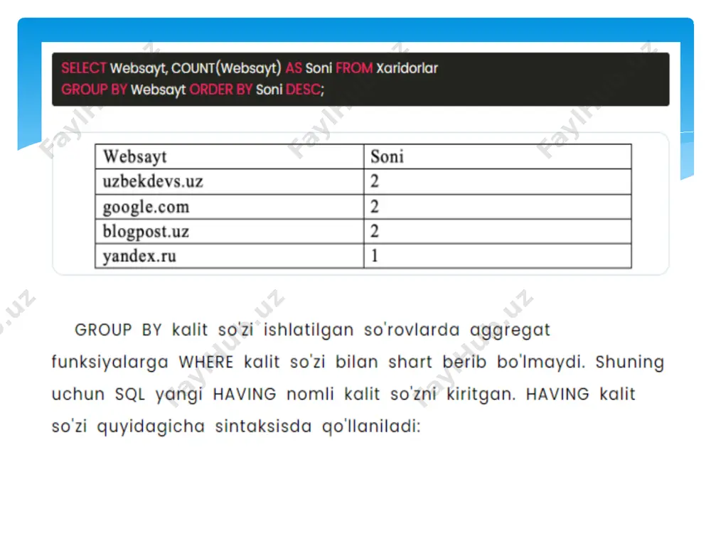 sql group by va having orqali guruhlash - Page 4