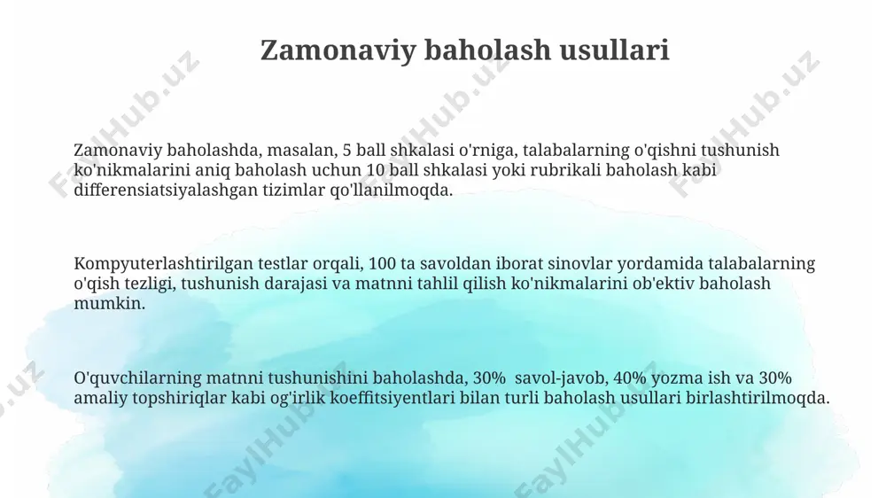 nish ko'nikmalarini baholashda sun'iy intellekt texnologiyalari, masalan, tabiiy tilni qayta ishlash algoritmlarini qo'llashni tadqiq qilish kerak. o'quvchilarning o'qishni tushunish ko'nikmalarini baholashning ahamiyati o'quvchilarning o'qishni tushunish ko'nikmalarini baholash, ularning akademik muvaffaqiyatlarini 30% gacha yaxshilashga yordam beradi, chunki bu o'qishni tushunish darajasini aniqlashga imkon beradi. o'qishni tushunish ko'nikmalarini baholash, o'qituvchilarga individual o'quv rejalari tuzishga va 5 dan ortiq o'quv strategiyalarini qo'llashga yordam beradi, natijada o'quv samaradorligi oshadi. kamida 2 xil baholash usulini (masalan, testlar va kuzatuvlar) qo'llash, o'quvchilarning o'qishni tushunish ko'nikmalarini har tomonlama va aniq baholash imkonini beradi, bu esa ta'lim sifatini oshiradi. tadqiqot natijalari va xulosalar o'quvchilarning savol-javoblarga bergan javoblarini tahlil qilish natijasida, 30% o'quvchi faqatgina matnning so'zma-so'z ma'nosini tushunishini, chuqur tahlil qila olmasligini aniqlandi. tadqiqot shuni ko'rsatdiki, 5-sinf o'quvchilarining 70% matnni tushunish bo'yicha o'rtacha ko'rsatkichdan past natija ko'rsatdi, bu o'qish strategiyasini o'rgatish zaruratini ta'kidlaydi. metakognitsion strategiyani qo'llagan guruhdagi o'quvchilarning matnni tushunish darajasi 15 foizga yuqori bo'lib, ushbu strategiyani o'qitishning samaradorligini …